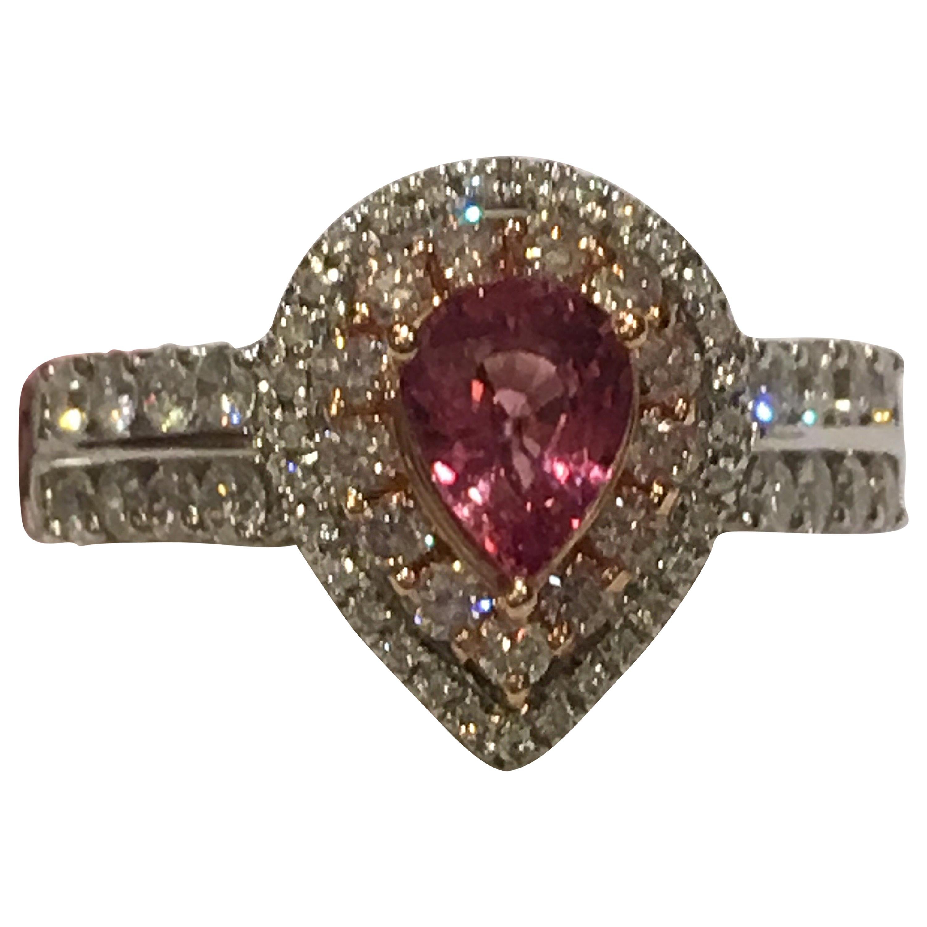 Padparadscha Sapphire Pink and White Diamonds Ring Set in 14 Karat Two-Tone Gold