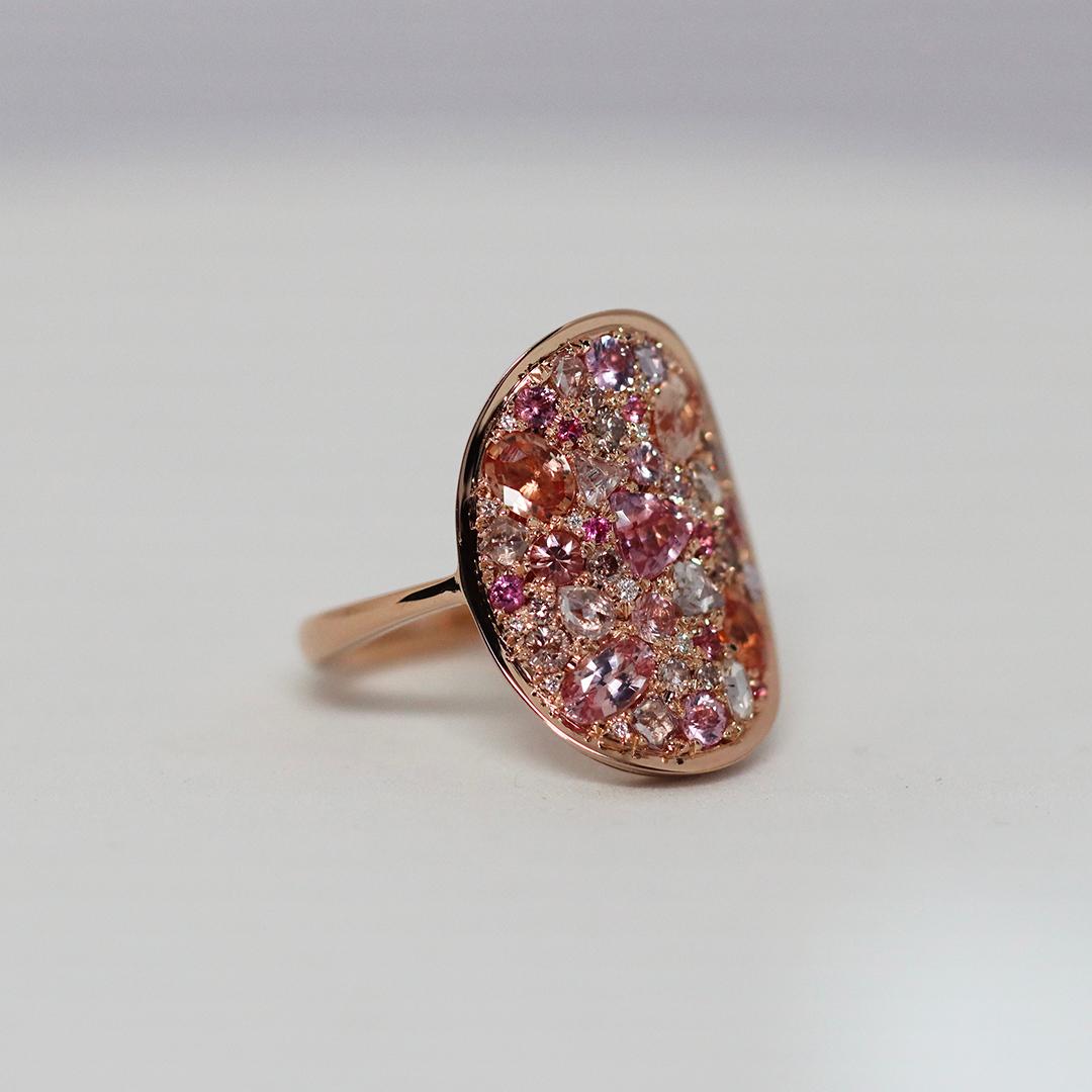 Art Nouveau Padparadscha Sapphire Pink Diamond Pink Sapphire Intense Pink Spinel Mosaic Ring For Sale