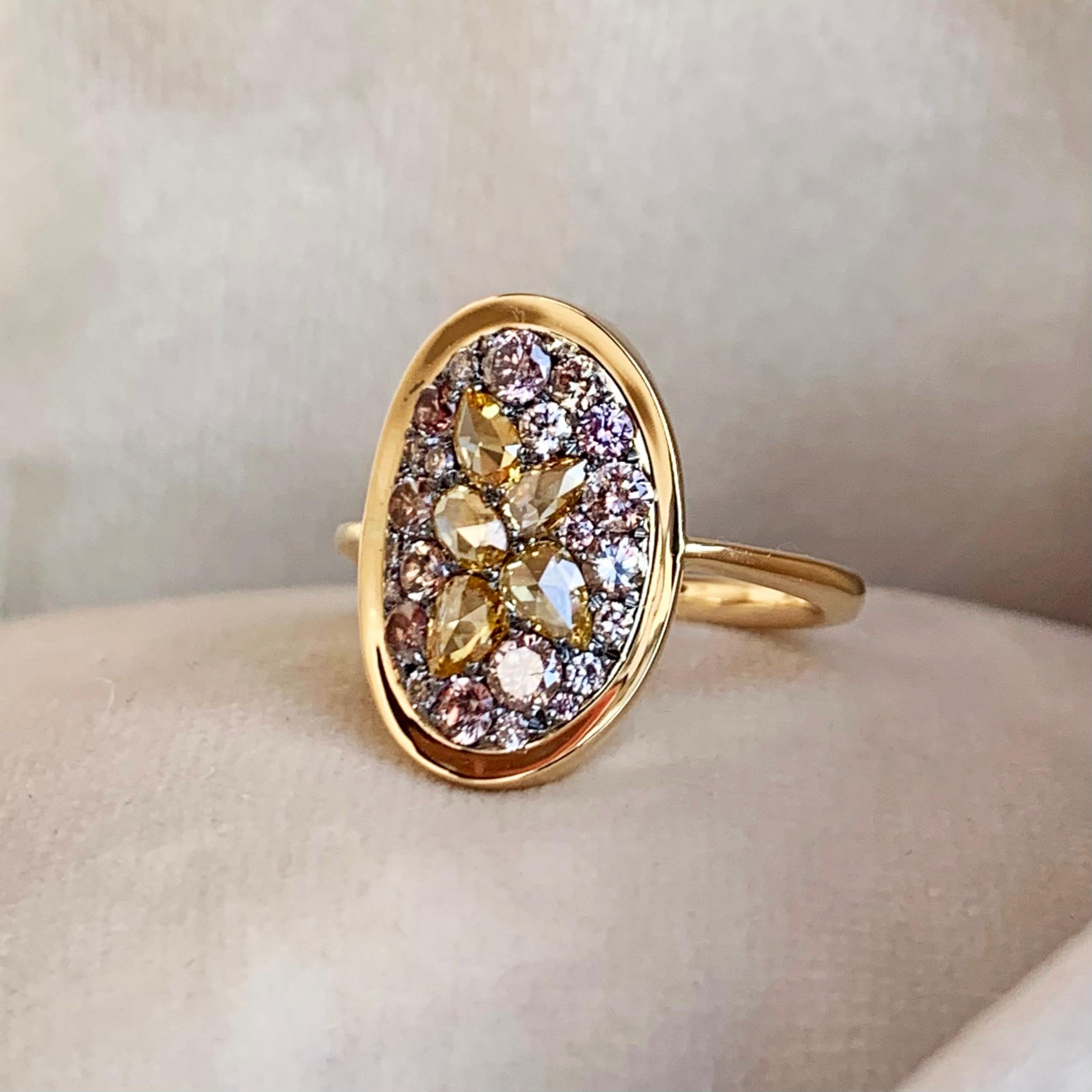 Art Nouveau Padparadscha Sapphire Pink Diamond Rose-Cut Diamond Mosaic Pave Ring