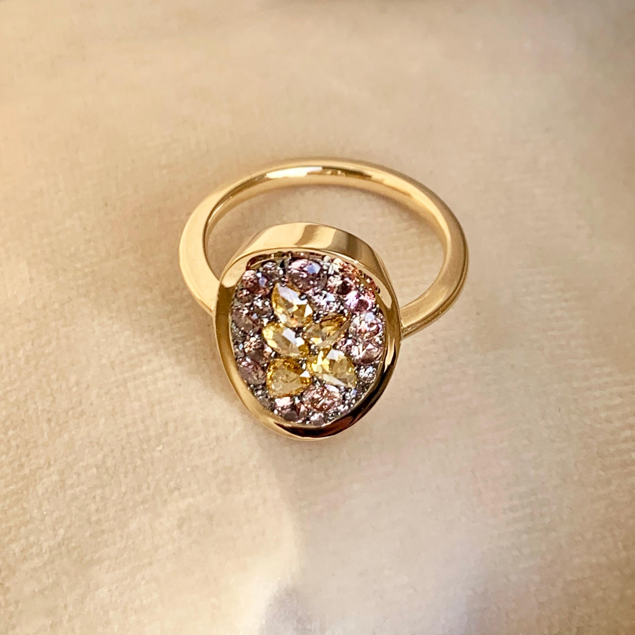 Padparadscha Sapphire Pink Diamond Rose-Cut Diamond Mosaic Pave Ring 1