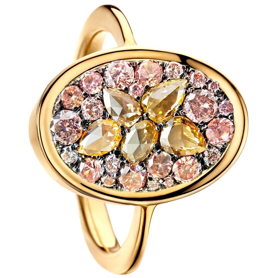 Padparadscha Sapphire Pink Diamond Rose-Cut Diamond Mosaic Pave Ring