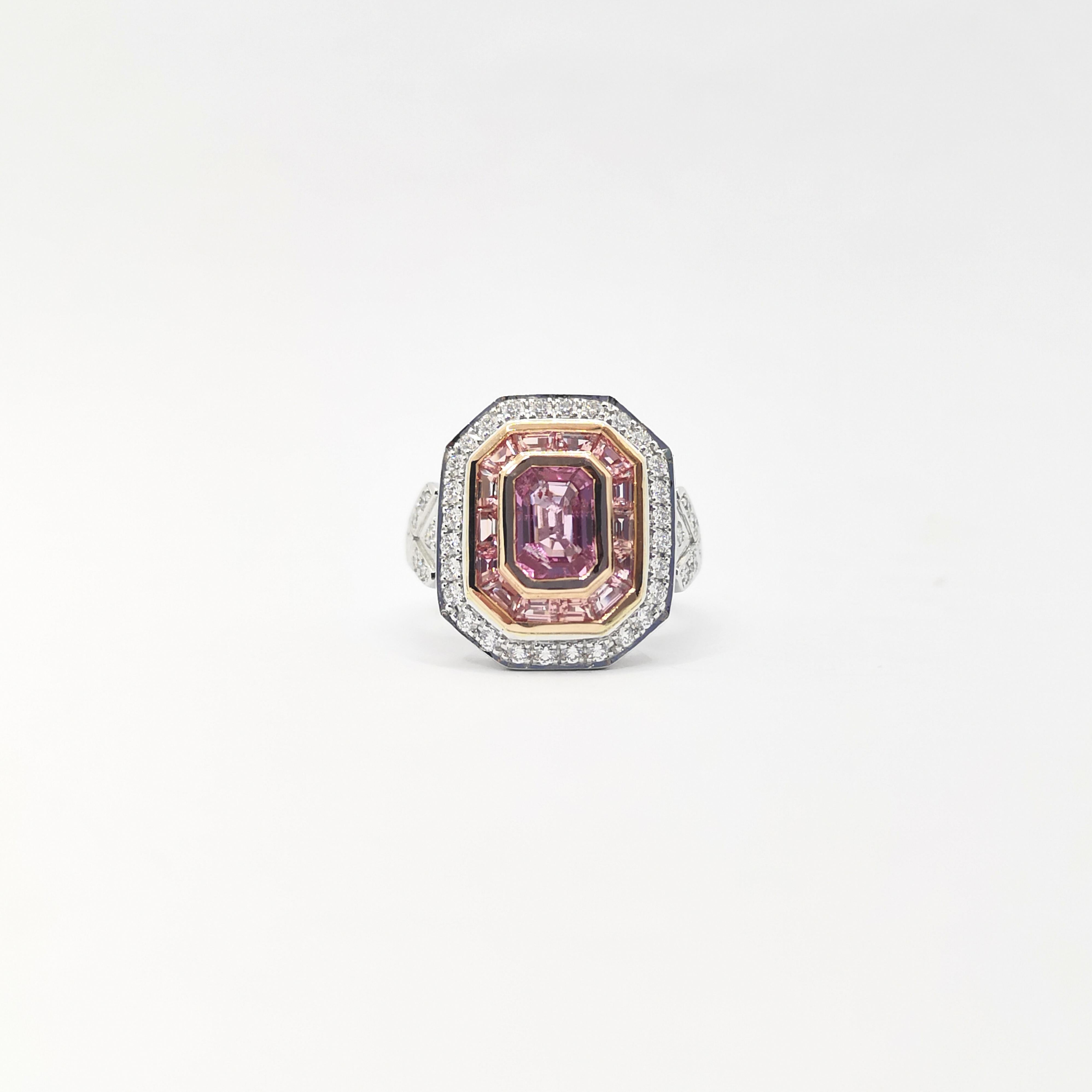Zertifizierter unerhitzter Padparadscha-Ring mit rosa Saphir und Diamant in 18 Karat gefasst im Angebot 5