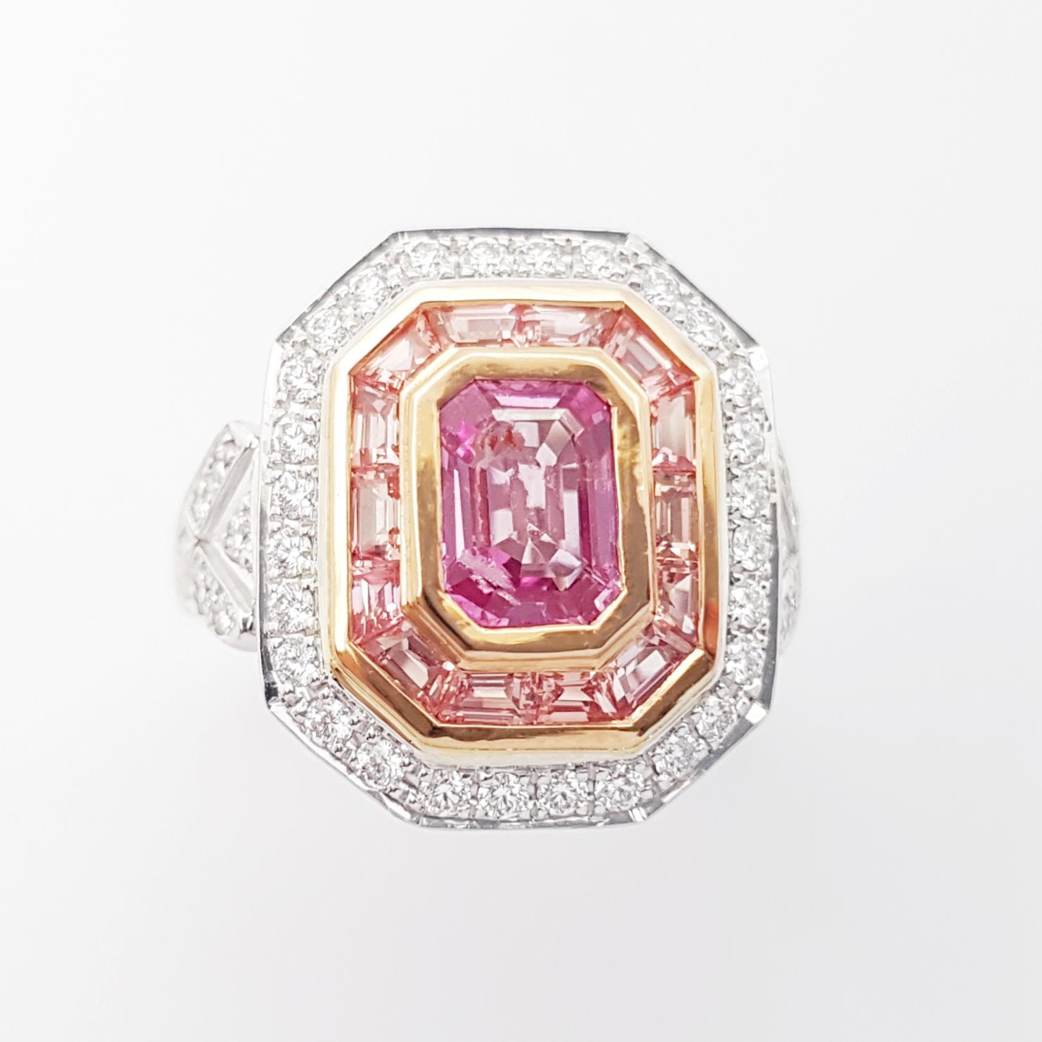 Zertifizierter unerhitzter Padparadscha-Ring mit rosa Saphir und Diamant in 18 Karat gefasst im Angebot 2