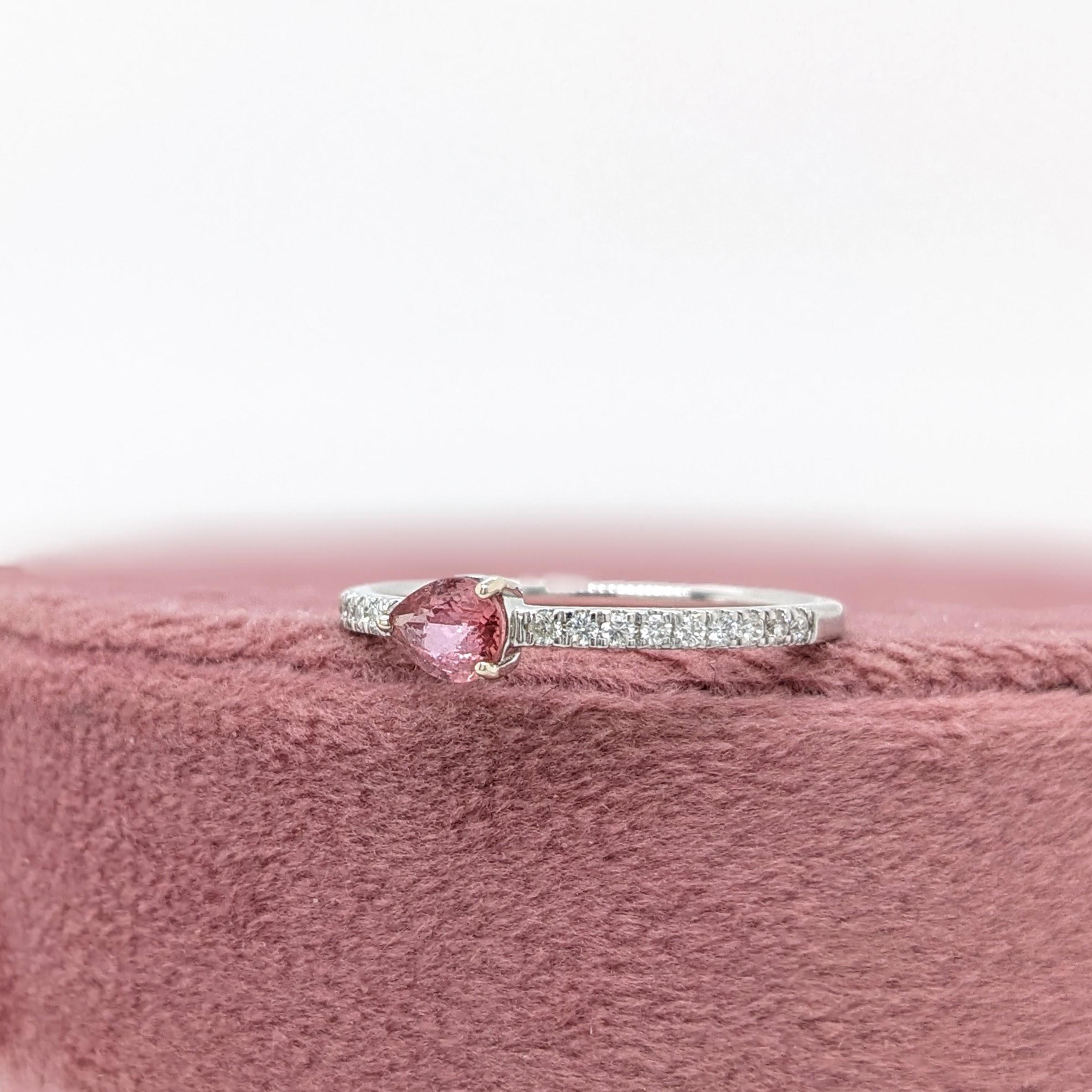 Modern Padparadscha Sapphire Ring w Earth Mined Diamonds in Solid 14K Gold Pear 5x3.5mm