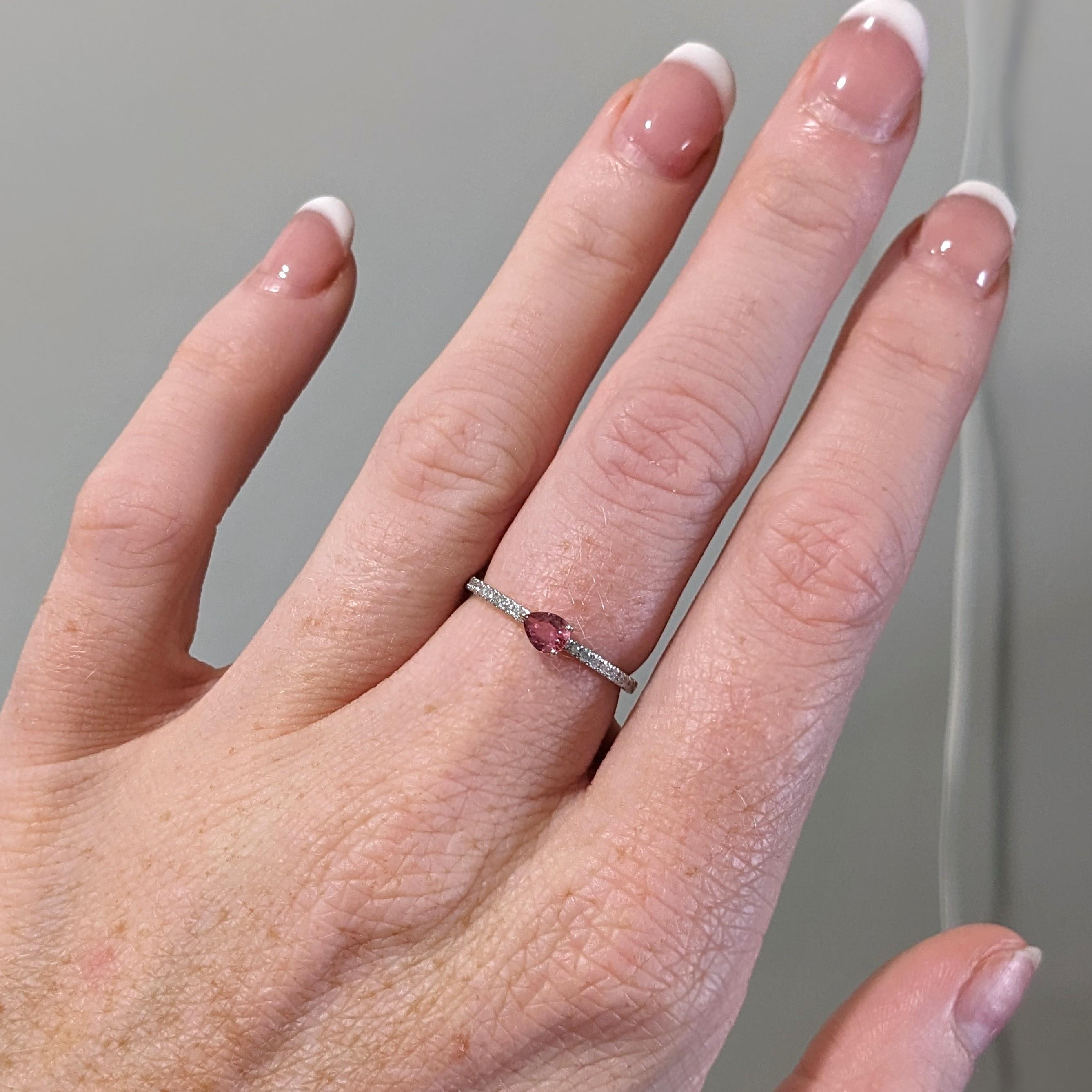 Padparadscha Sapphire Ring w Earth Mined Diamonds in Solid 14K Gold Pear 5x3.5mm 1