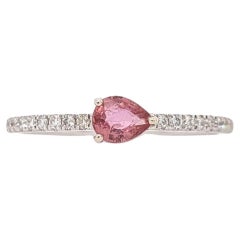 Padparadscha Sapphire Ring w Earth Mined Diamonds in Solid 14K Gold Pear 5x3.5mm