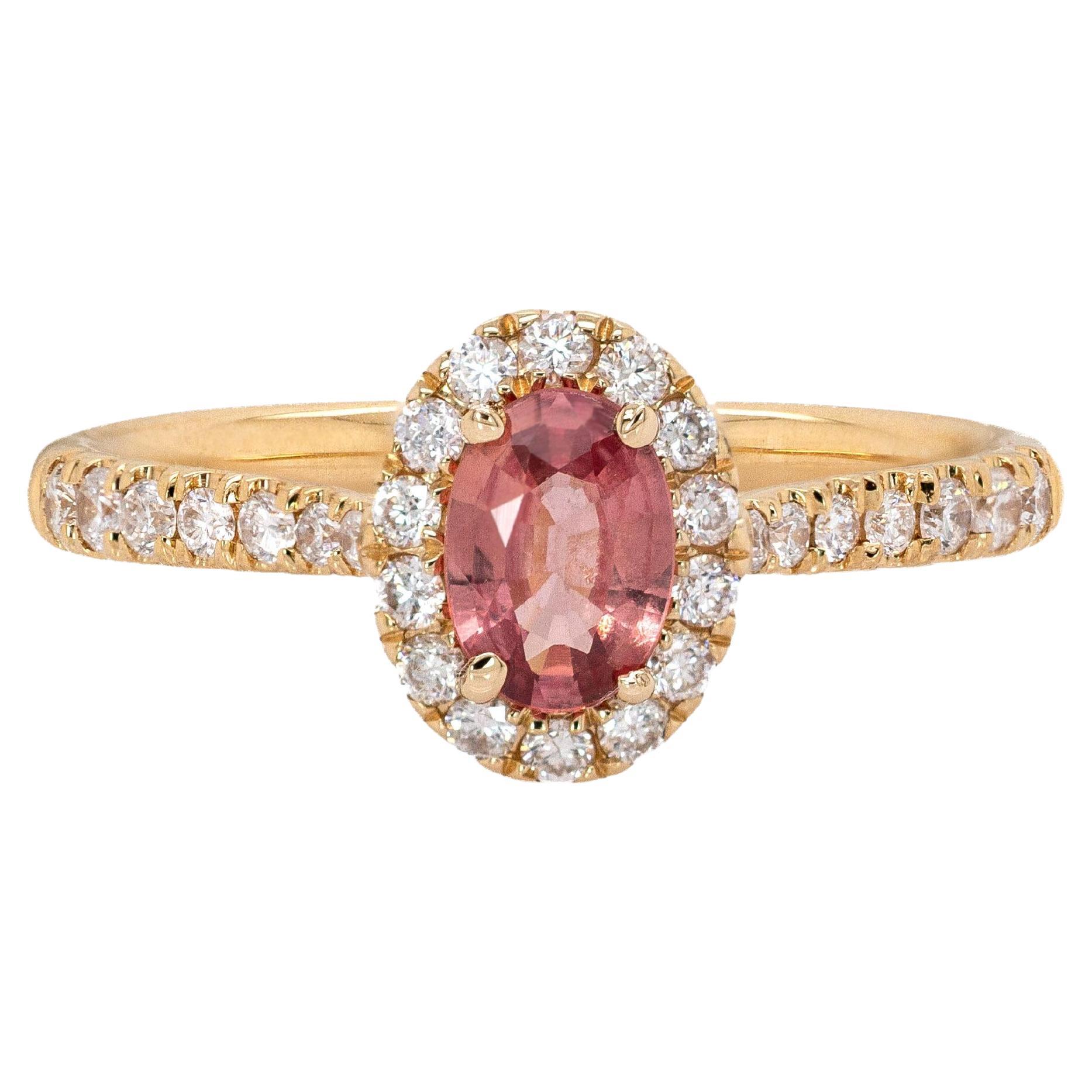 Anillo de zafiro Padparadscha con halo de diamantes naturales en oro de 14 quilates  OV 6x4mm