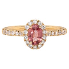 Bague en or 14K avec saphir padparadscha et diamant naturel en halo  OV 6x4mm