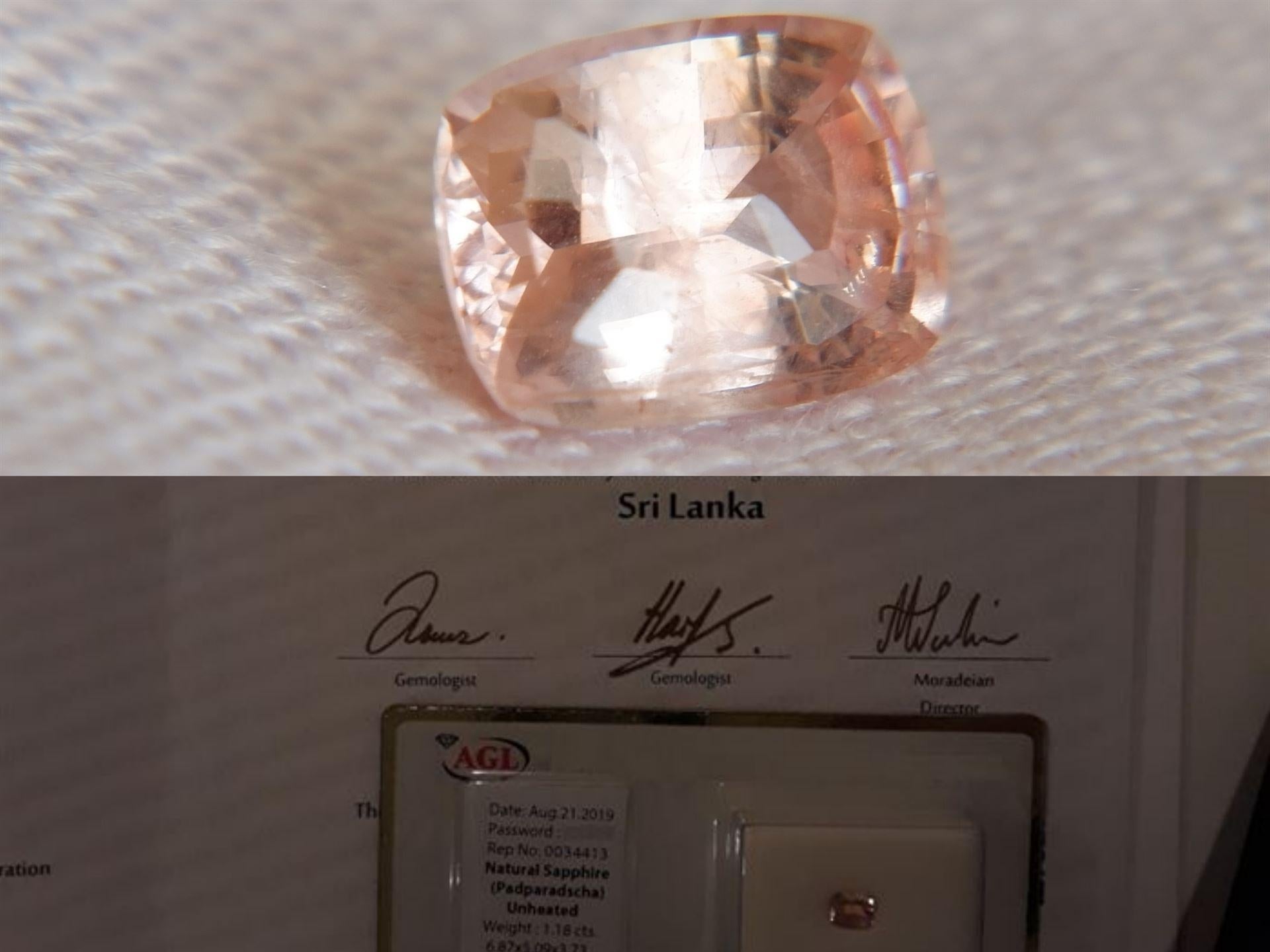 Padparadscha Sapphire is a very rare, unheated stone that comes from Sri Lanka. It's a beautiful, reddish-orange color and is often used in fine jewelry. This particular sapphire is 1.18 carats and is a cushion cut with excellent polish and finish.