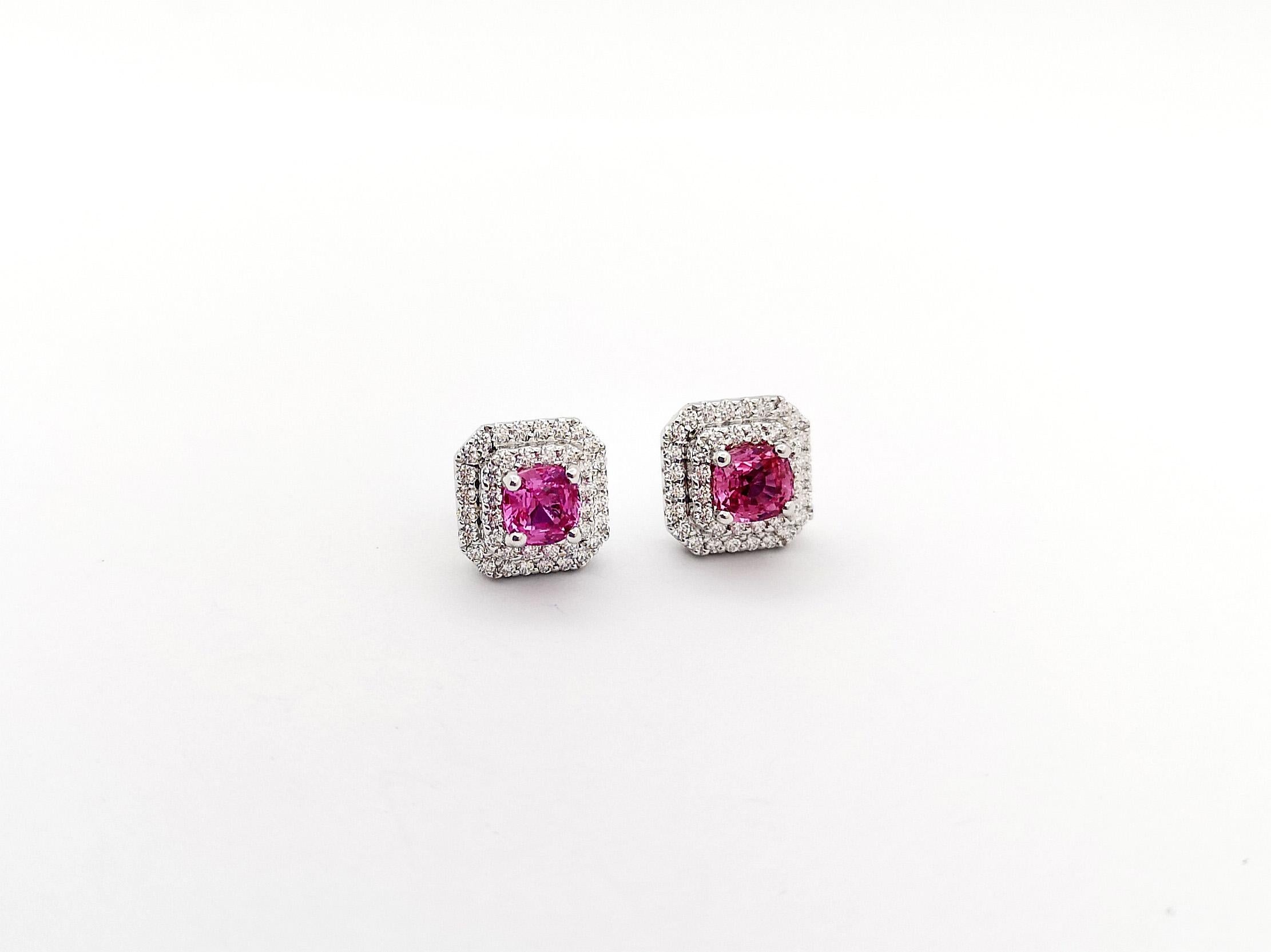 Cushion Cut Padparadscha Sapphire with Diamond Earrings set in 18K White Gold Settings For Sale