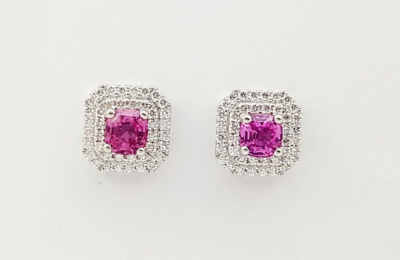 Padparadscha Sapphire with Diamond Earrings set in 18K White Gold Settings In New Condition For Sale In Bangkok, TH