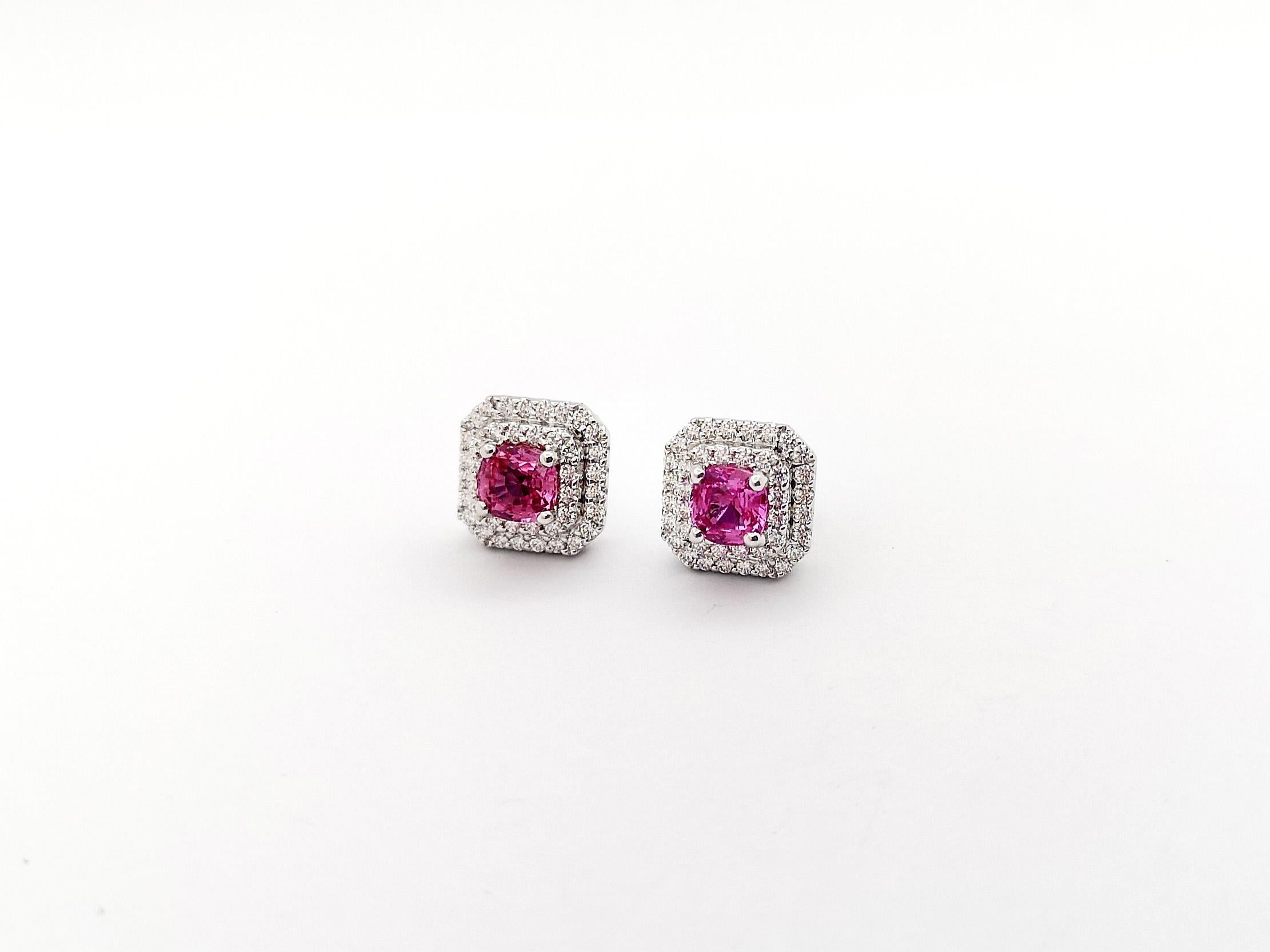 Women's Padparadscha Sapphire with Diamond Earrings set in 18K White Gold Settings For Sale