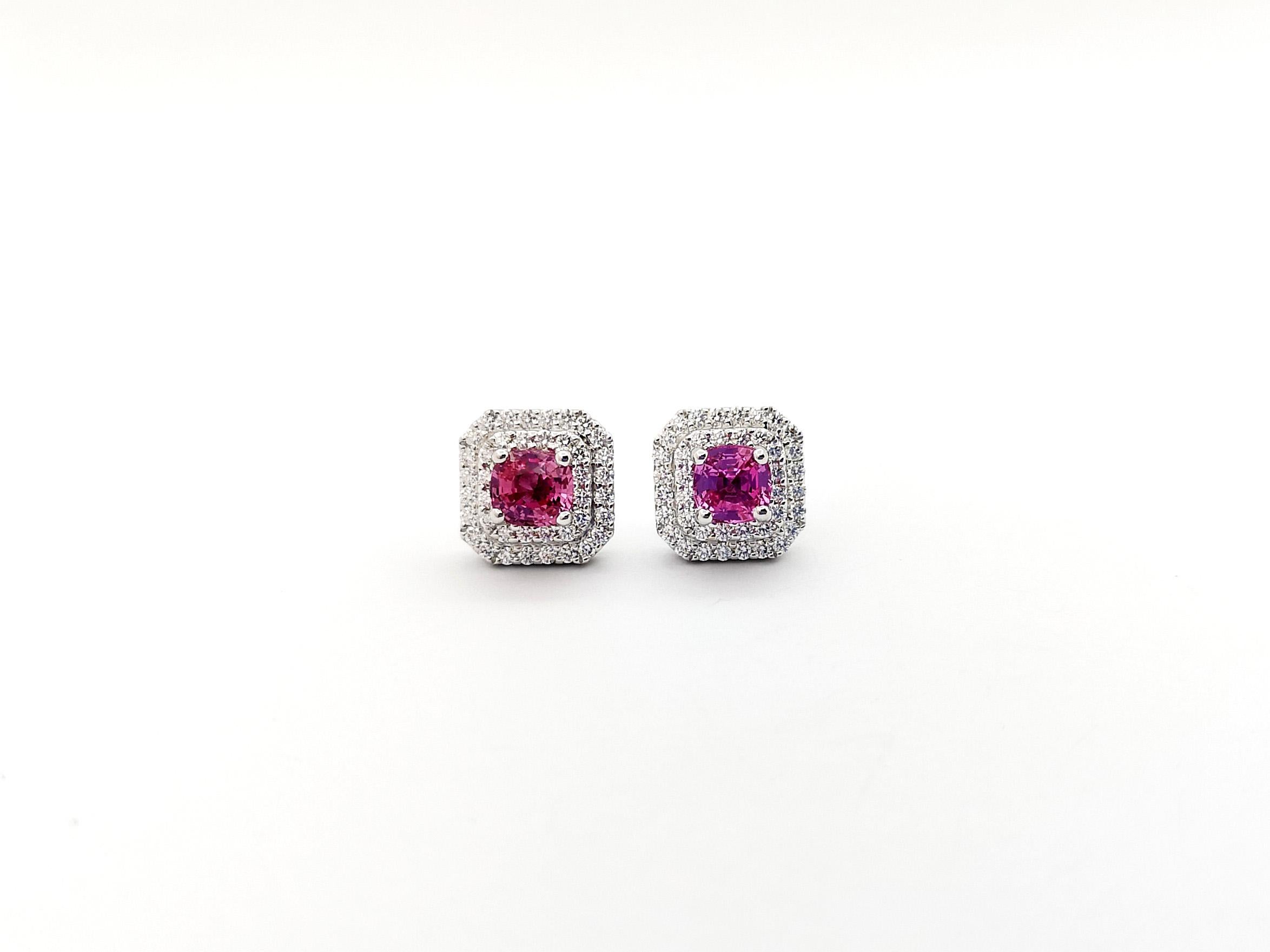 Padparadscha Sapphire with Diamond Earrings set in 18K White Gold Settings For Sale 1