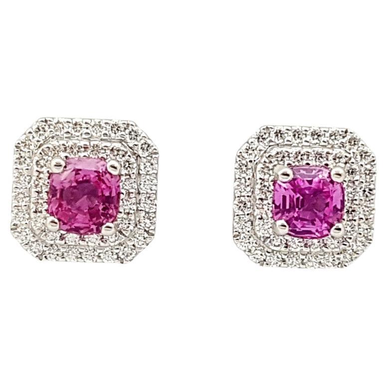 Padparadscha Sapphire with Diamond Earrings set in 18K White Gold Settings For Sale