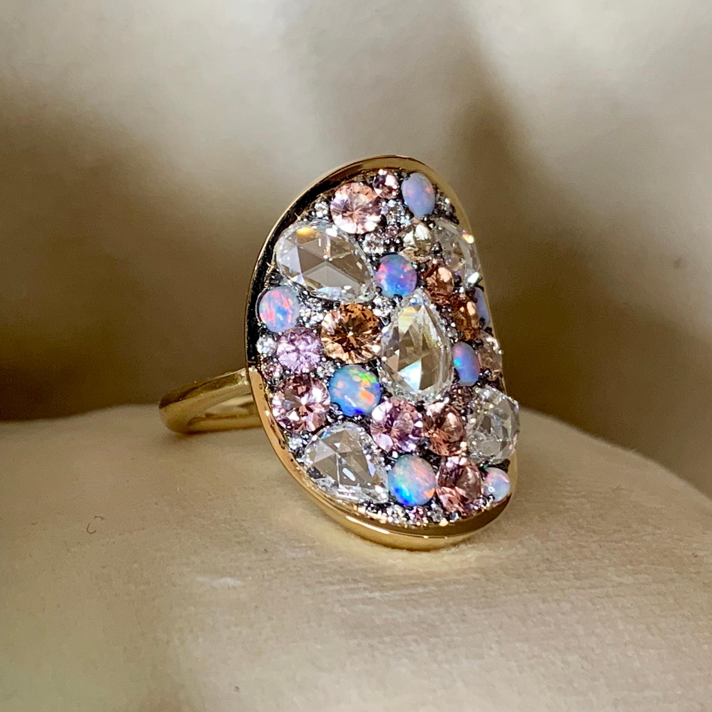 Women's Padparadscha Sapphire, Australian Opal, Rose-Cut Diamond Pave Ring