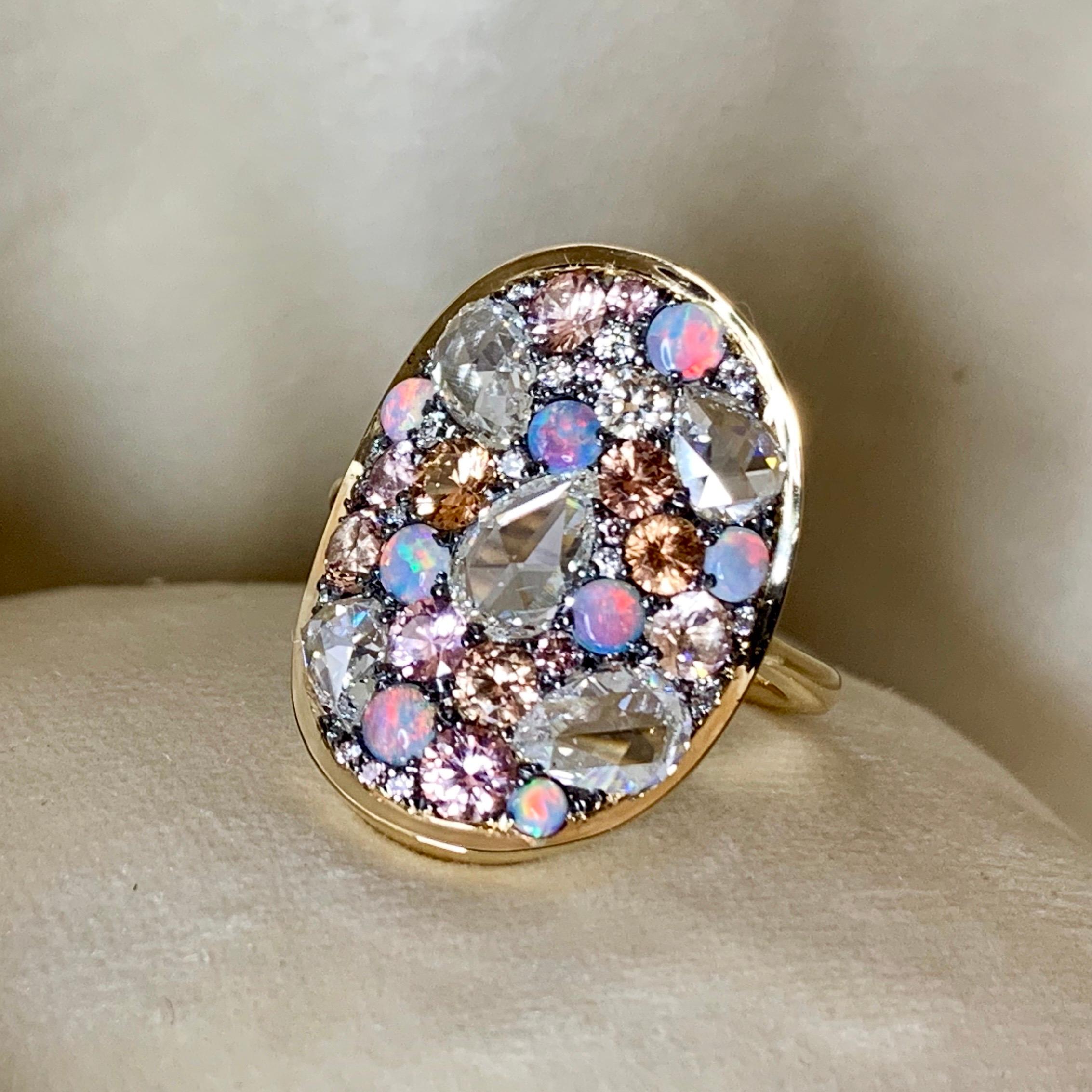 Padparadscha Sapphire, Australian Opal, Rose-Cut Diamond Pave Ring 1