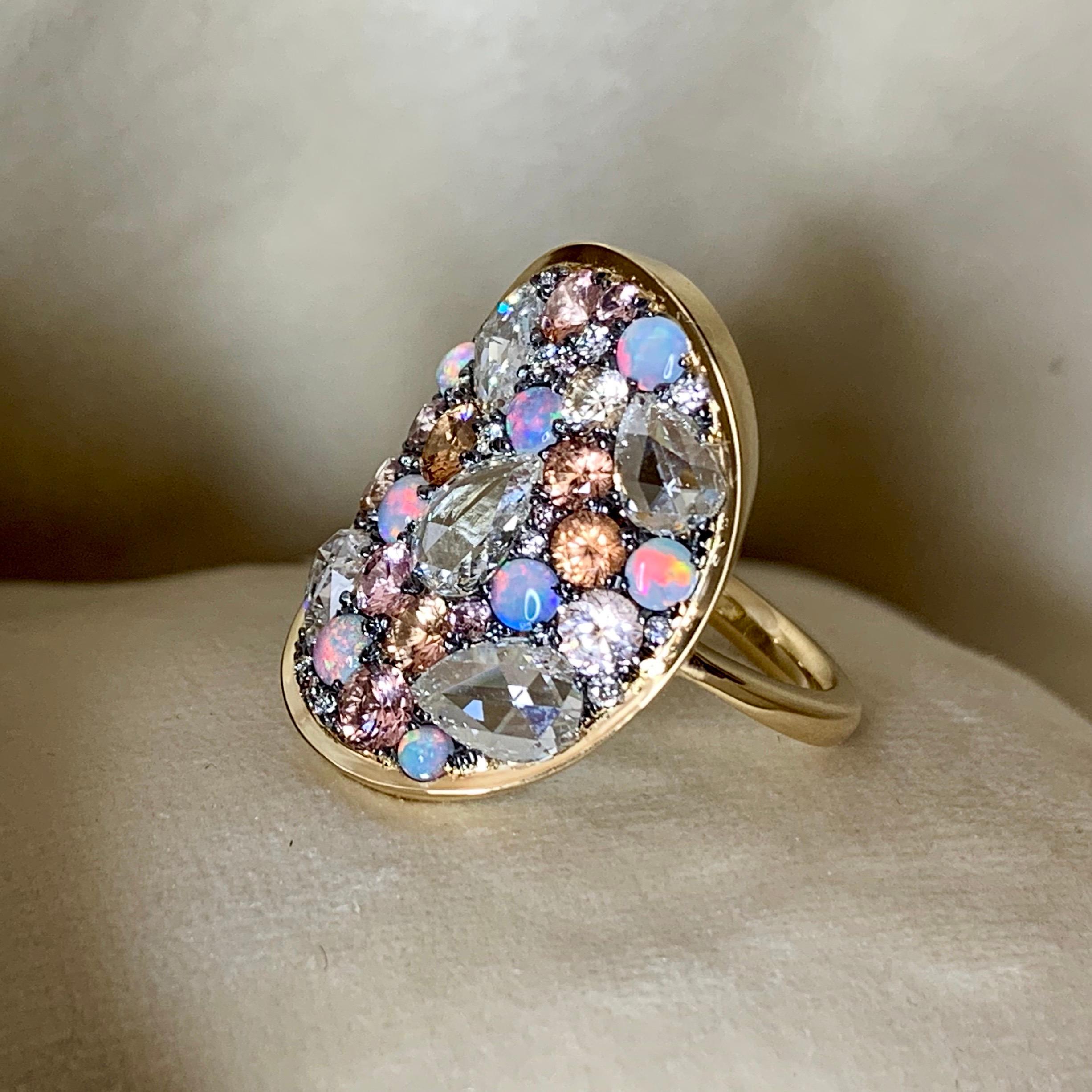 Padparadscha Sapphire, Australian Opal, Rose-Cut Diamond Pave Ring 2