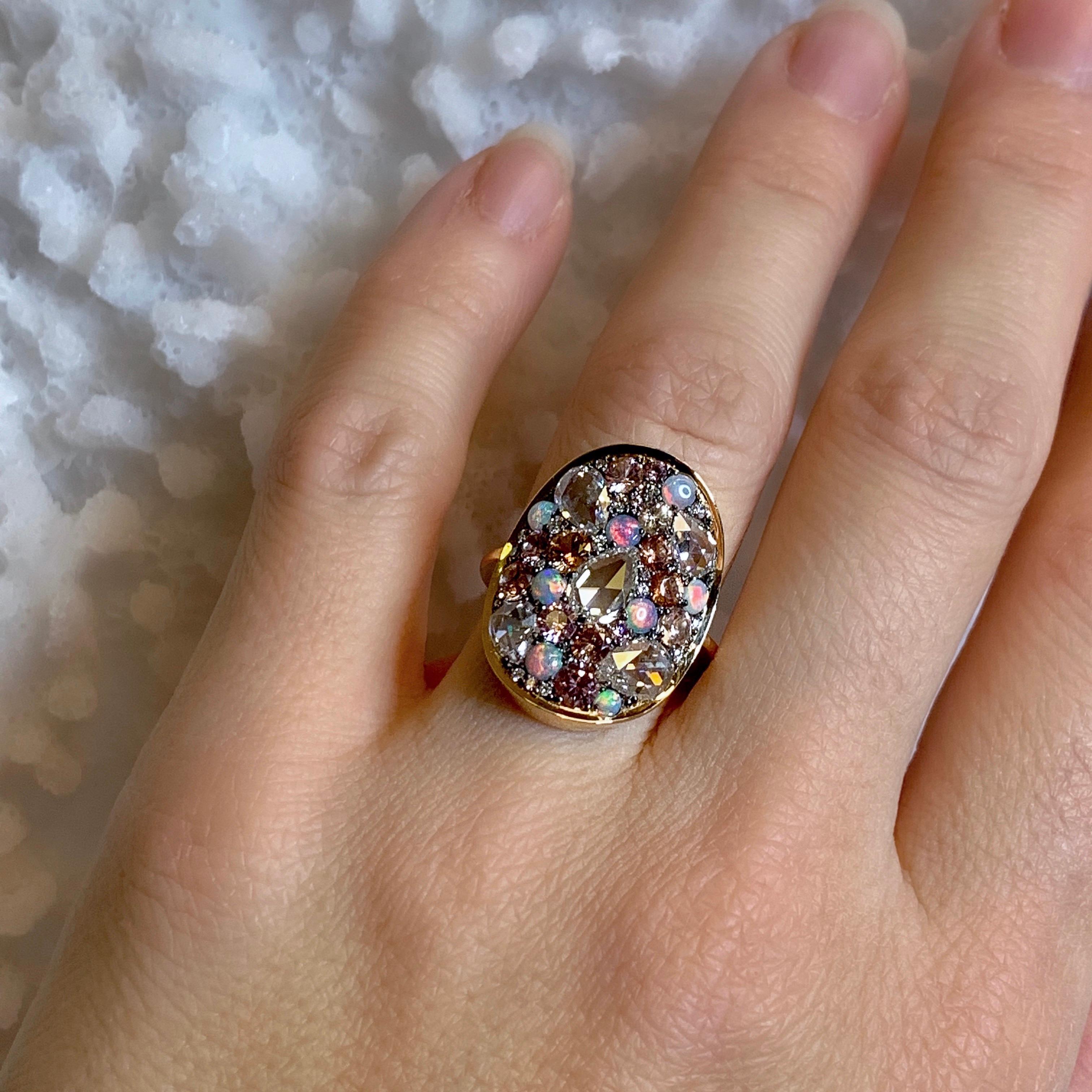 Padparadscha Sapphire, Australian Opal, Rose-Cut Diamond Pave Ring 5