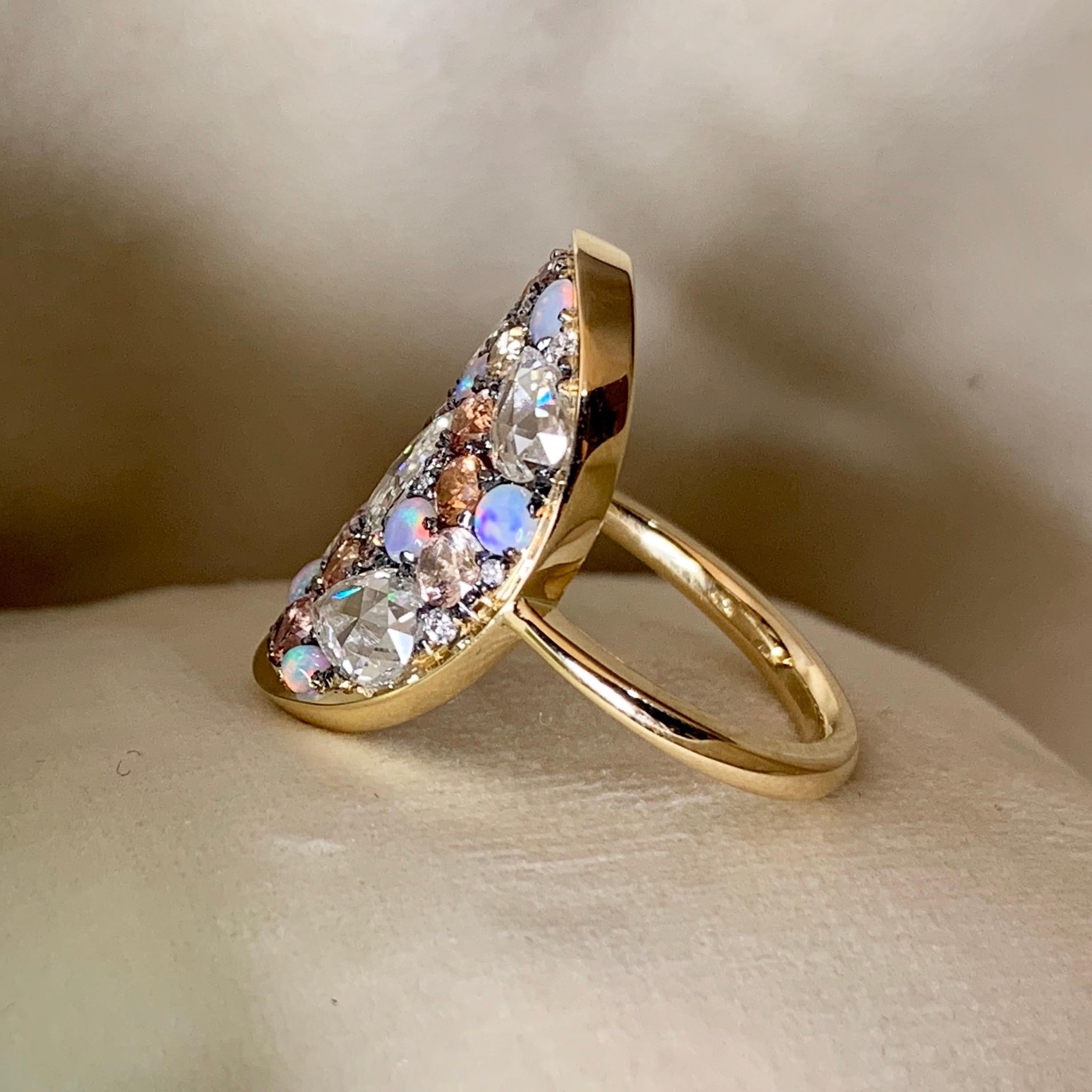 Contemporary Padparadscha Sapphire, Australian Opal, Rose-Cut Diamond Pave Ring