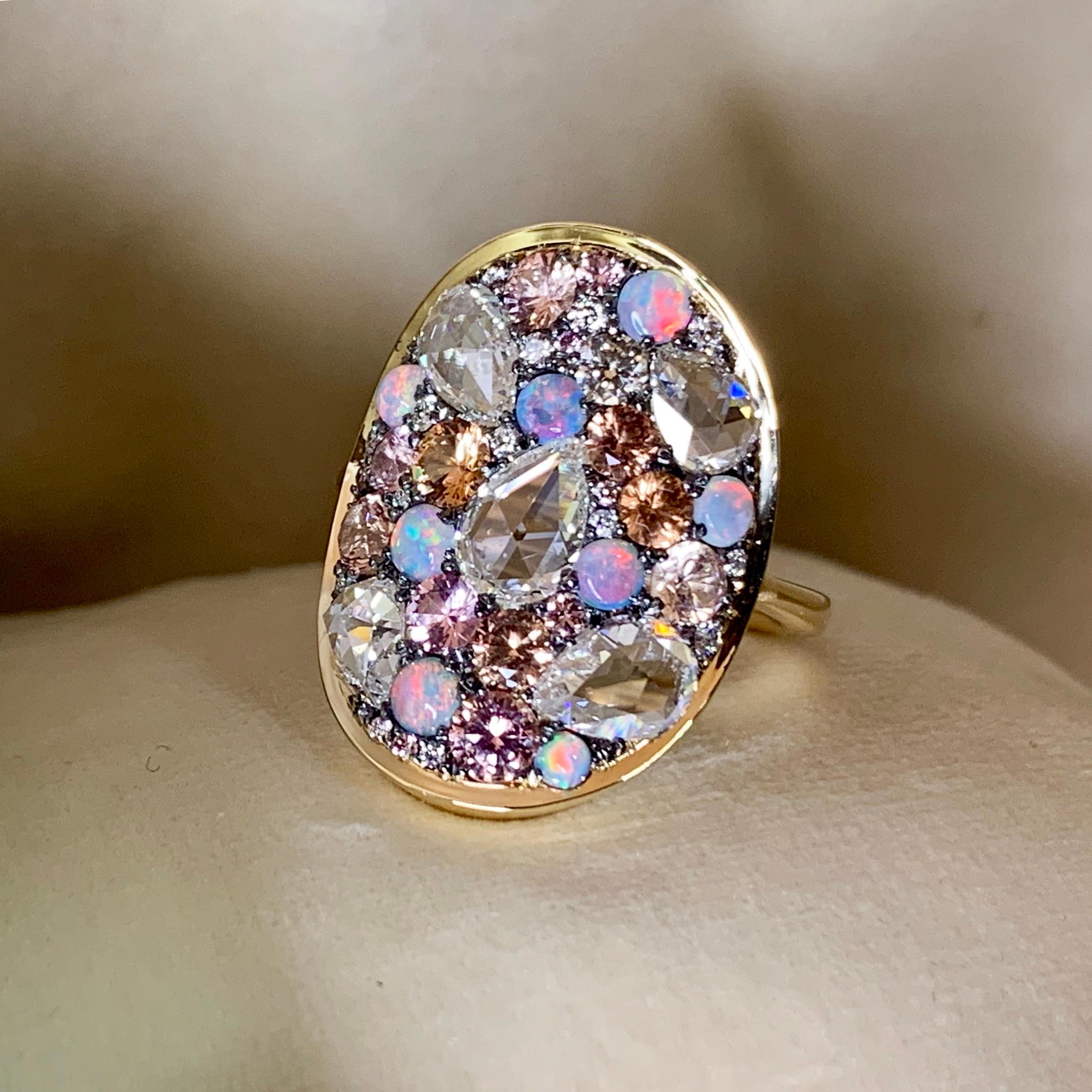 Rose Cut Padparadscha Sapphire, Australian Opal, Rose-Cut Diamond Pave Ring