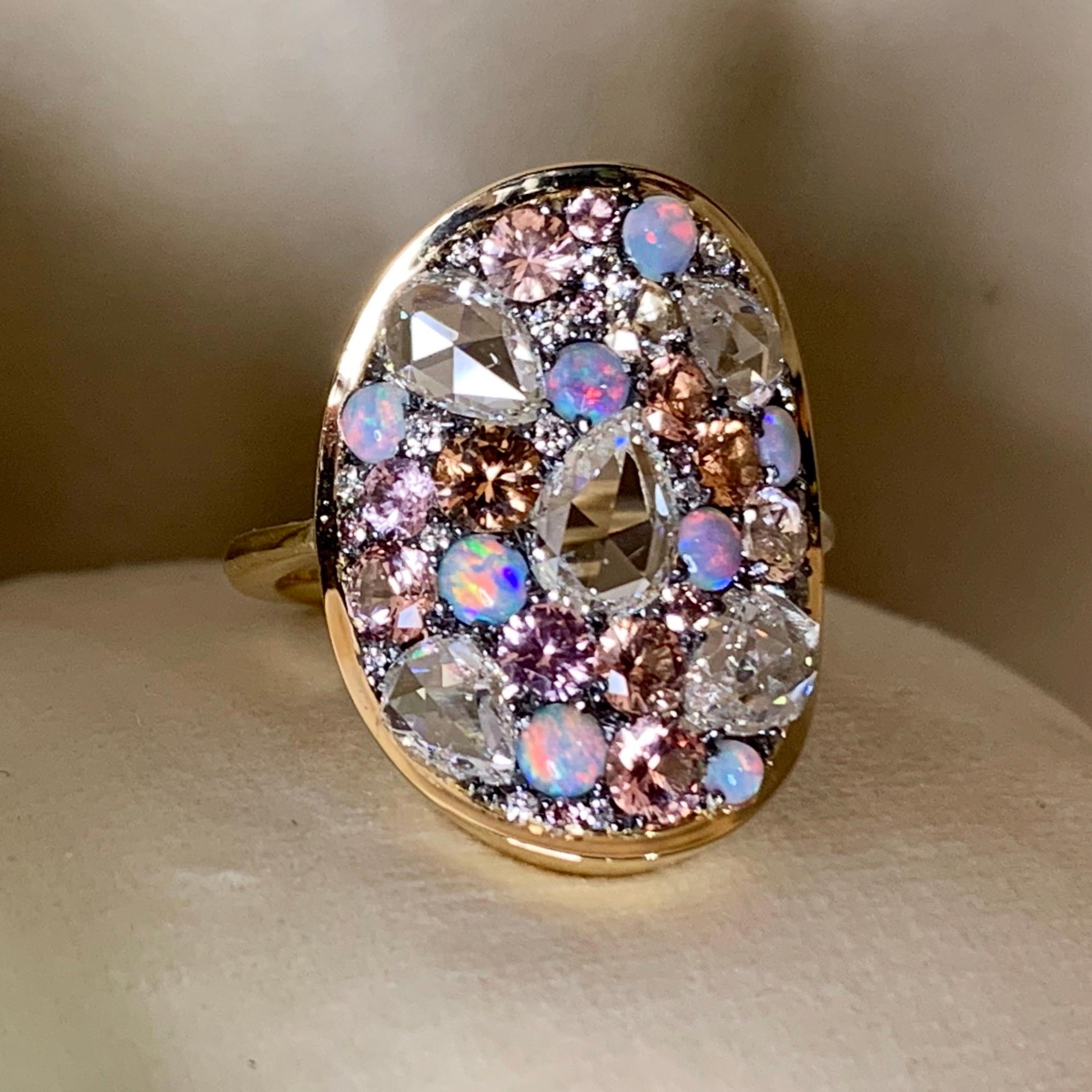 Padparadscha Sapphire, Australian Opal, Rose-Cut Diamond Pave Ring In New Condition In Antwerp, BE