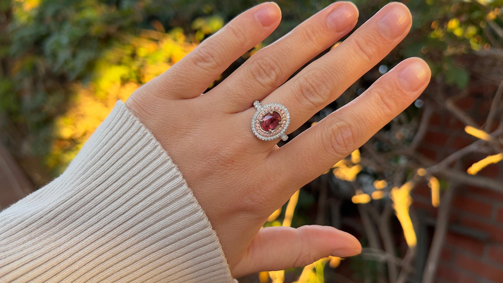 Padparadscha Spinel = 2.10 Carat
(Cut: Oval, Color: Red, Origin: Natural)
Diamond = 0.90 Carats
(Cut: Round, Color: F, Clarity: VS)
Metal = 18K White Gold
Ring Size = 6.25