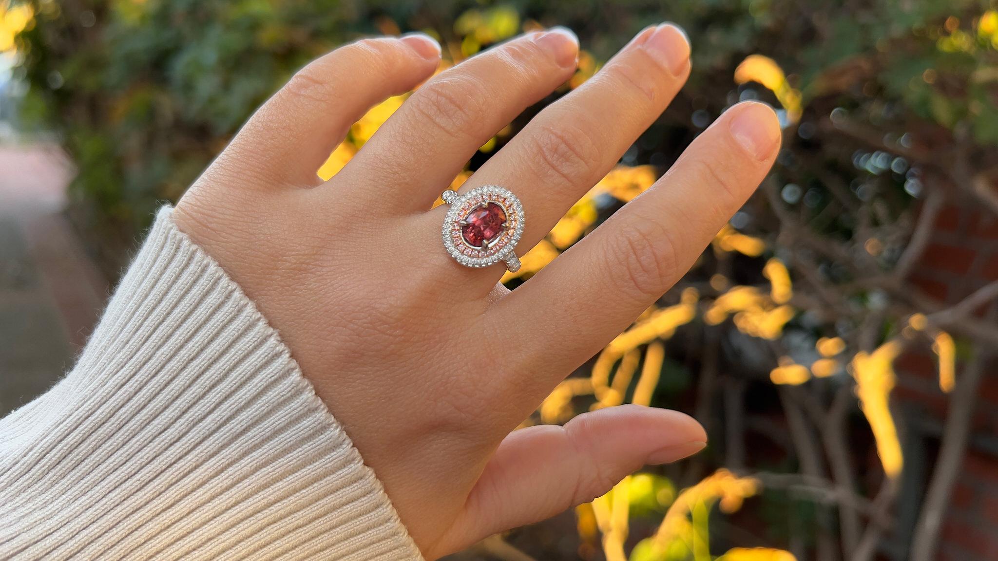 Art Deco Padparadscha Spinel Ring With Diamonds 3 Carats 18K White Gold For Sale