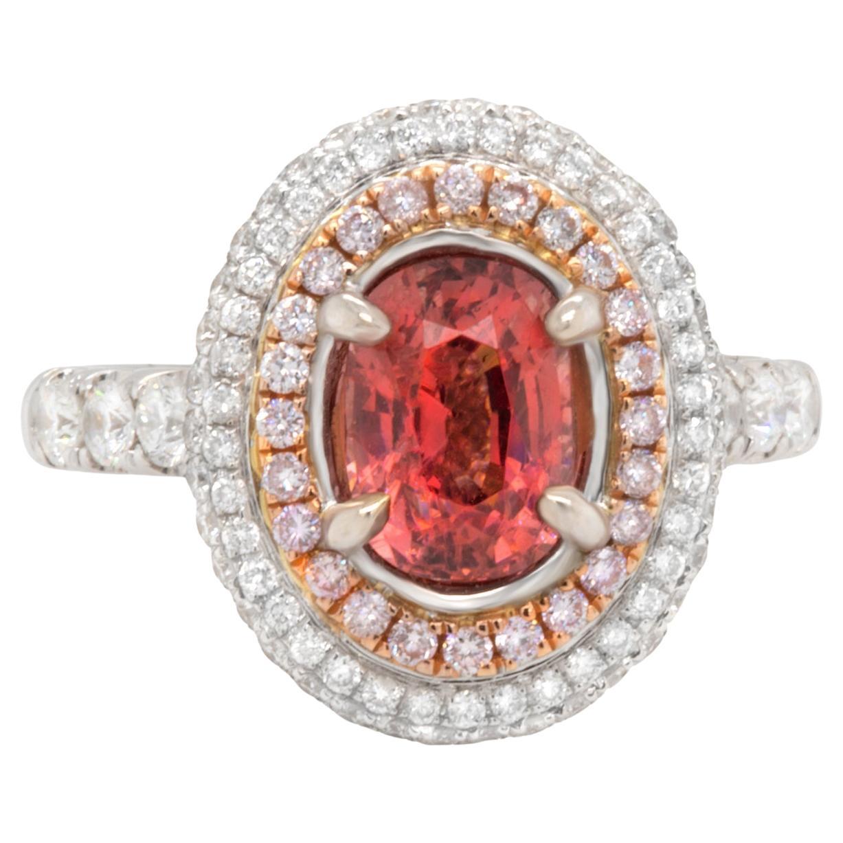 Padparadscha Spinel Ring With Diamonds 3 Carats 18K White Gold For Sale