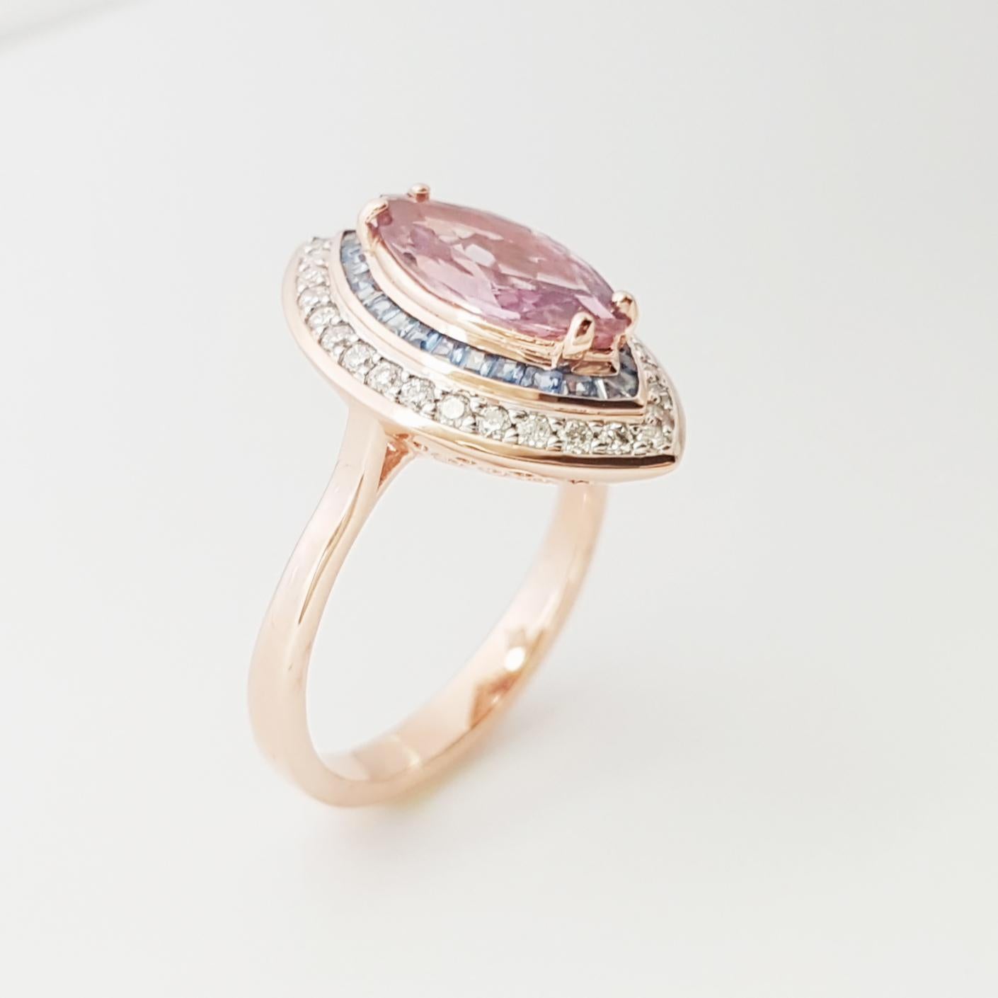 Bague Padparadscha avec saphir bleu et diamant en or rose 18 carats en vente 5