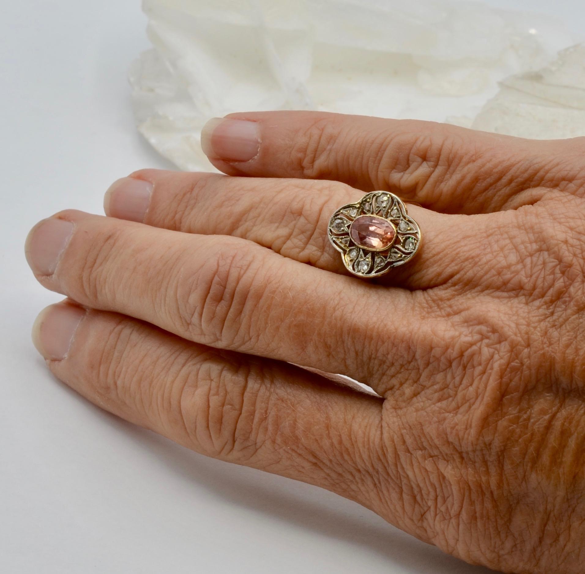 Late Victorian Padparadschah Oval Sapphire Approximately 1.10 Carat, Diamond & 14 Karat Ring For Sale