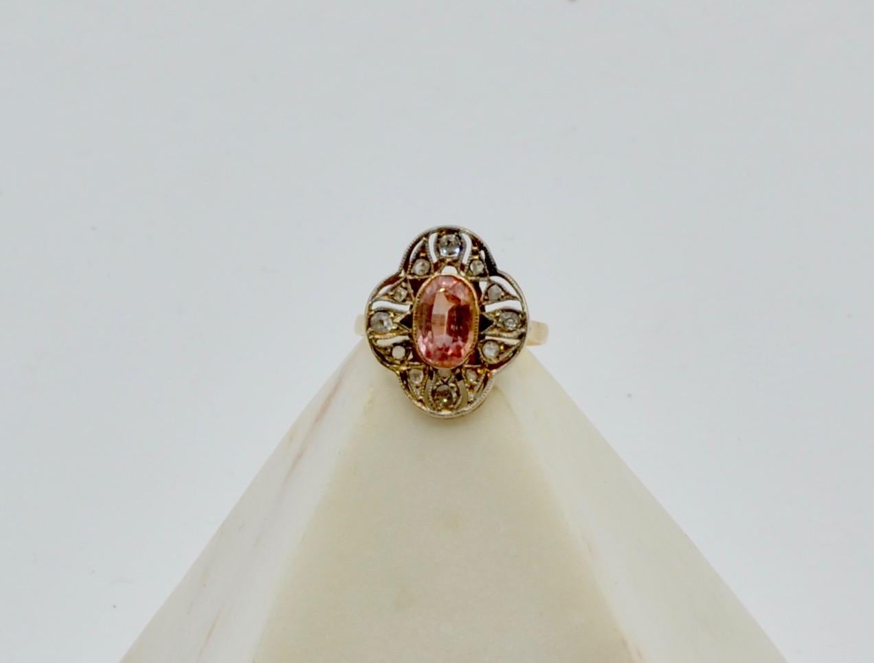 Padparadschah Oval Sapphire Approximately 1.10 Carat, Diamond & 14 Karat Ring In Excellent Condition For Sale In Berkeley, CA