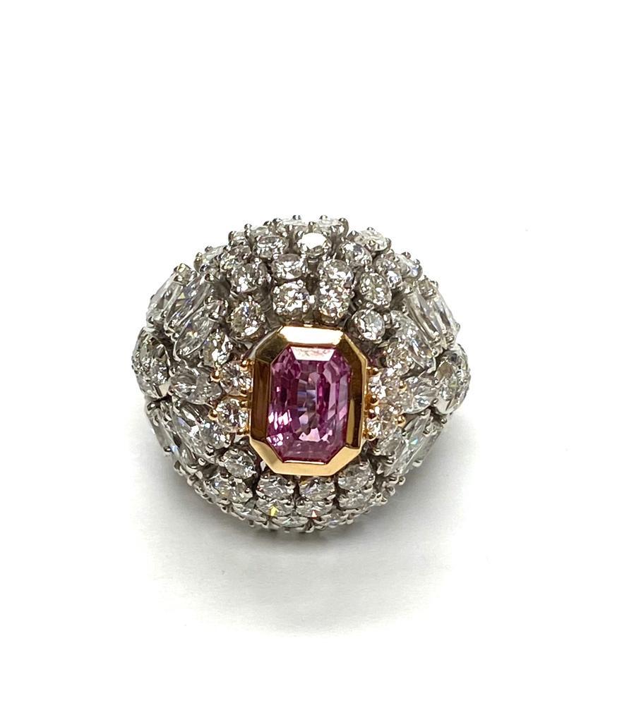 3 Stone Padparadscha & Diamond Ring in 18K Platinum, from 