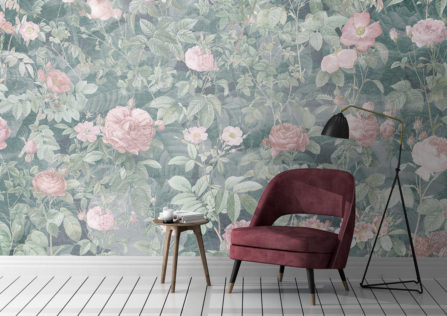 Modern Paeonia - Custom Mural Wallpaper (green and pink) For Sale
