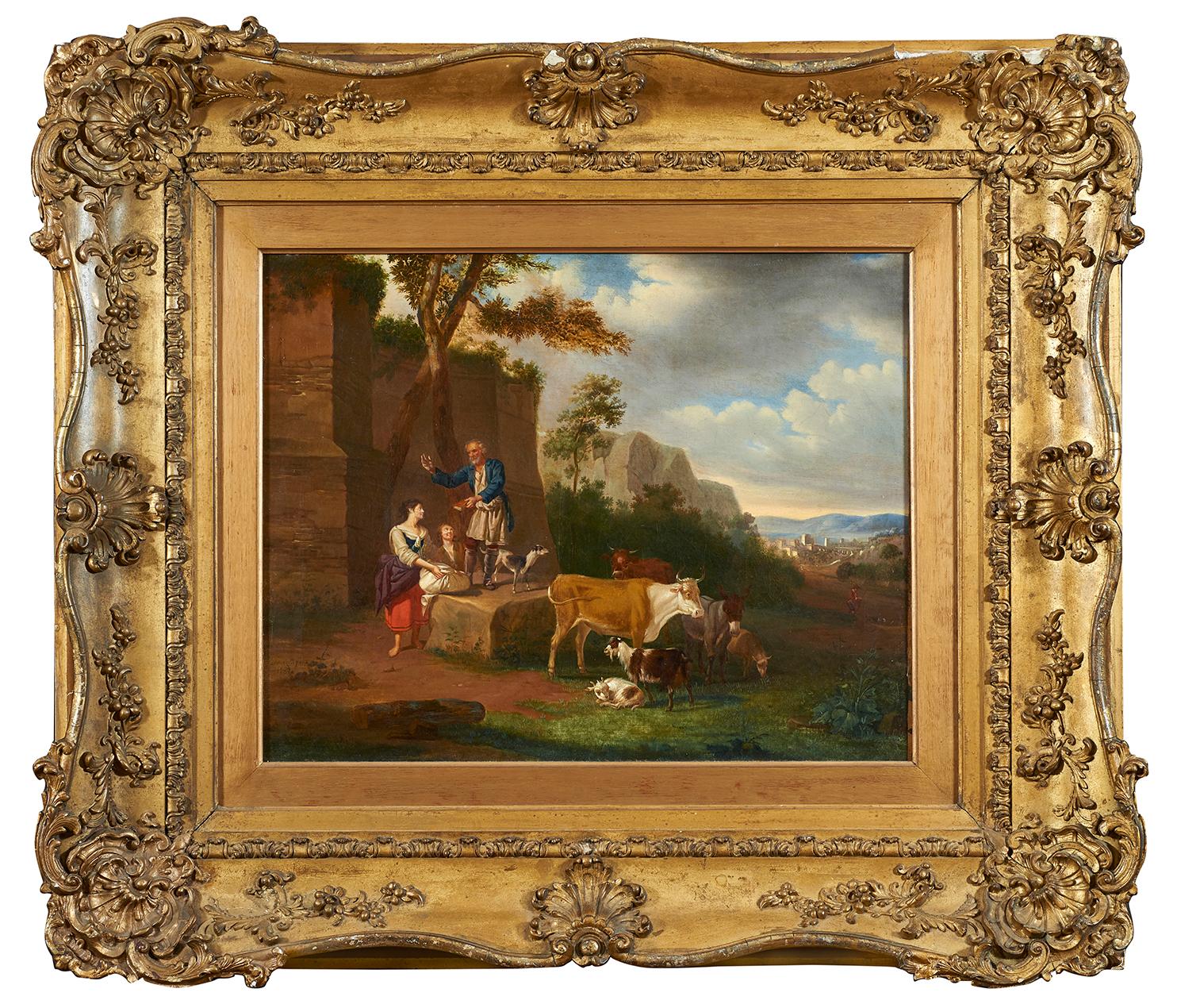 Painting oil on canvas with dimensions of 47 x 57 cm without frame and 79 x 89 cm with frame depicting a peasant scene in a typically Italian landscape with the very important prerogative, given the non-customary, to bring down on the left the