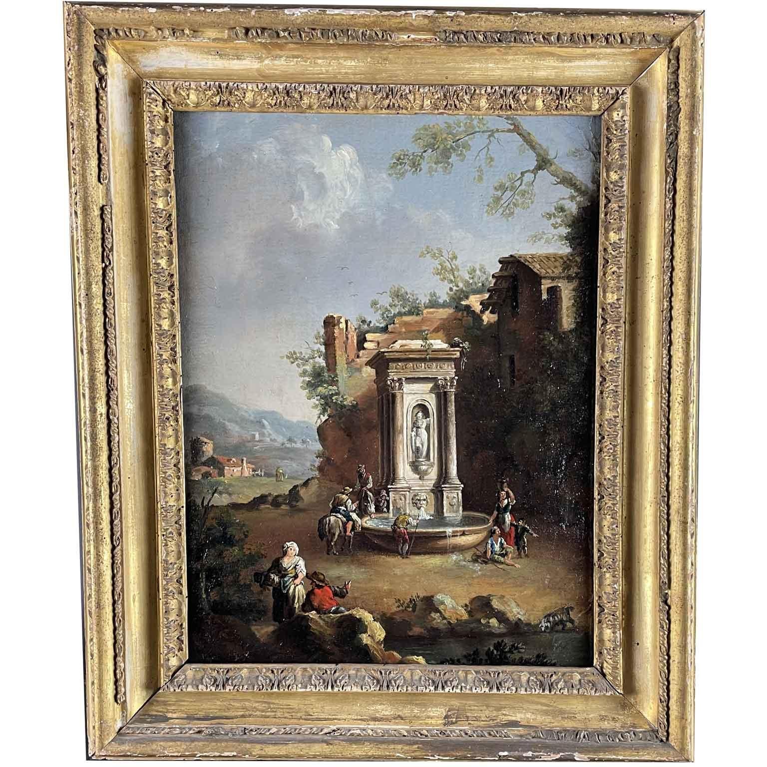 Landscape With Fountain by Giuseppe Zais  inspired by the Venetian artist's painting executed around 1765 and housed in the Gallerie dell'Accademia in Venice, which measures 132 x 80 cm. This Arcadian landscape was executed in the mid-1800s and is
