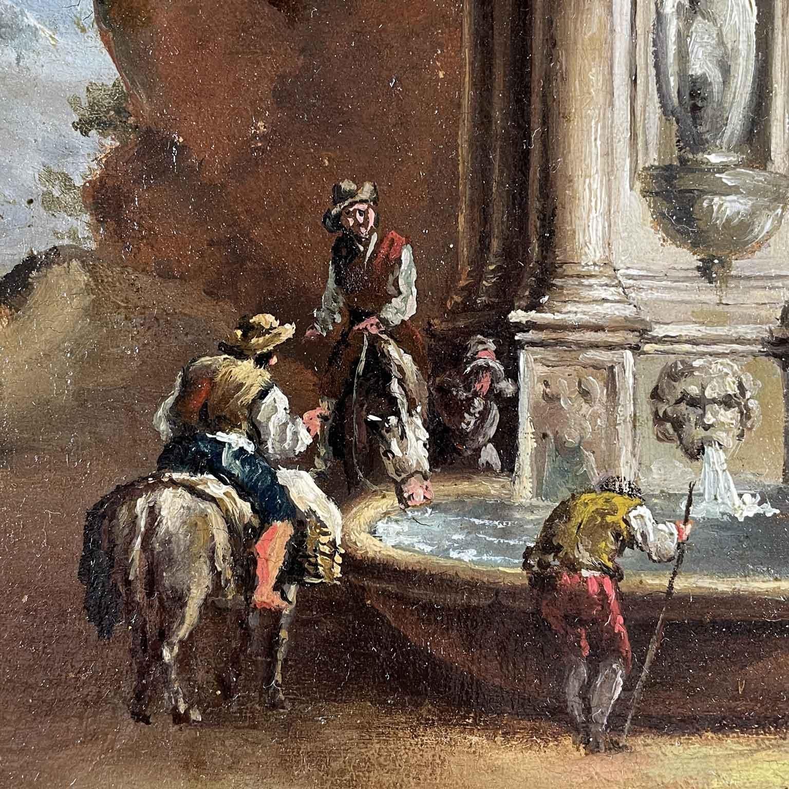 Hand-Carved Arcadian Landscape With Fountain By Venetian Rococo Painter Giuseppe Zais 1850s For Sale