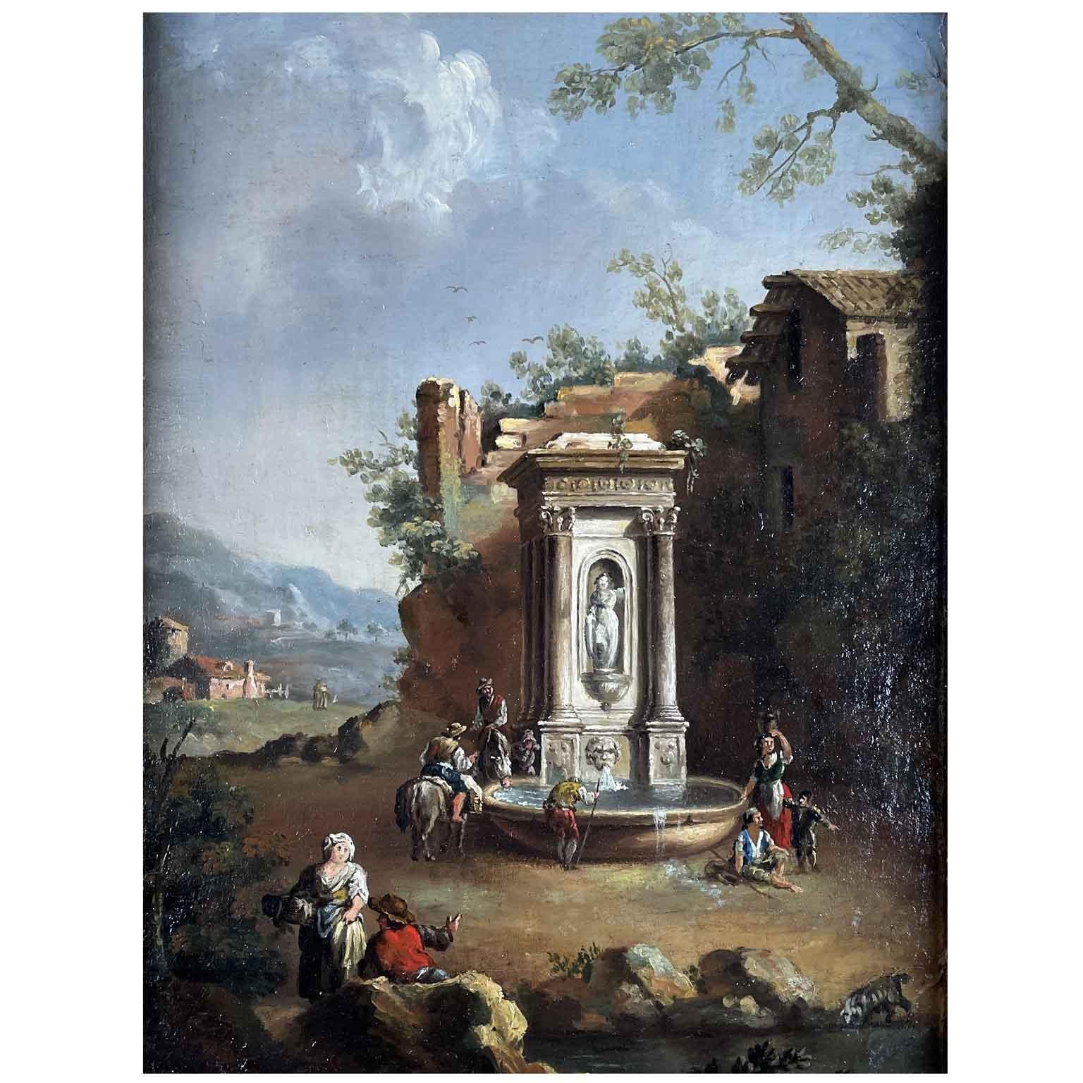 Wood Arcadian Landscape With Fountain By Venetian Rococo Painter Giuseppe Zais 1850s For Sale
