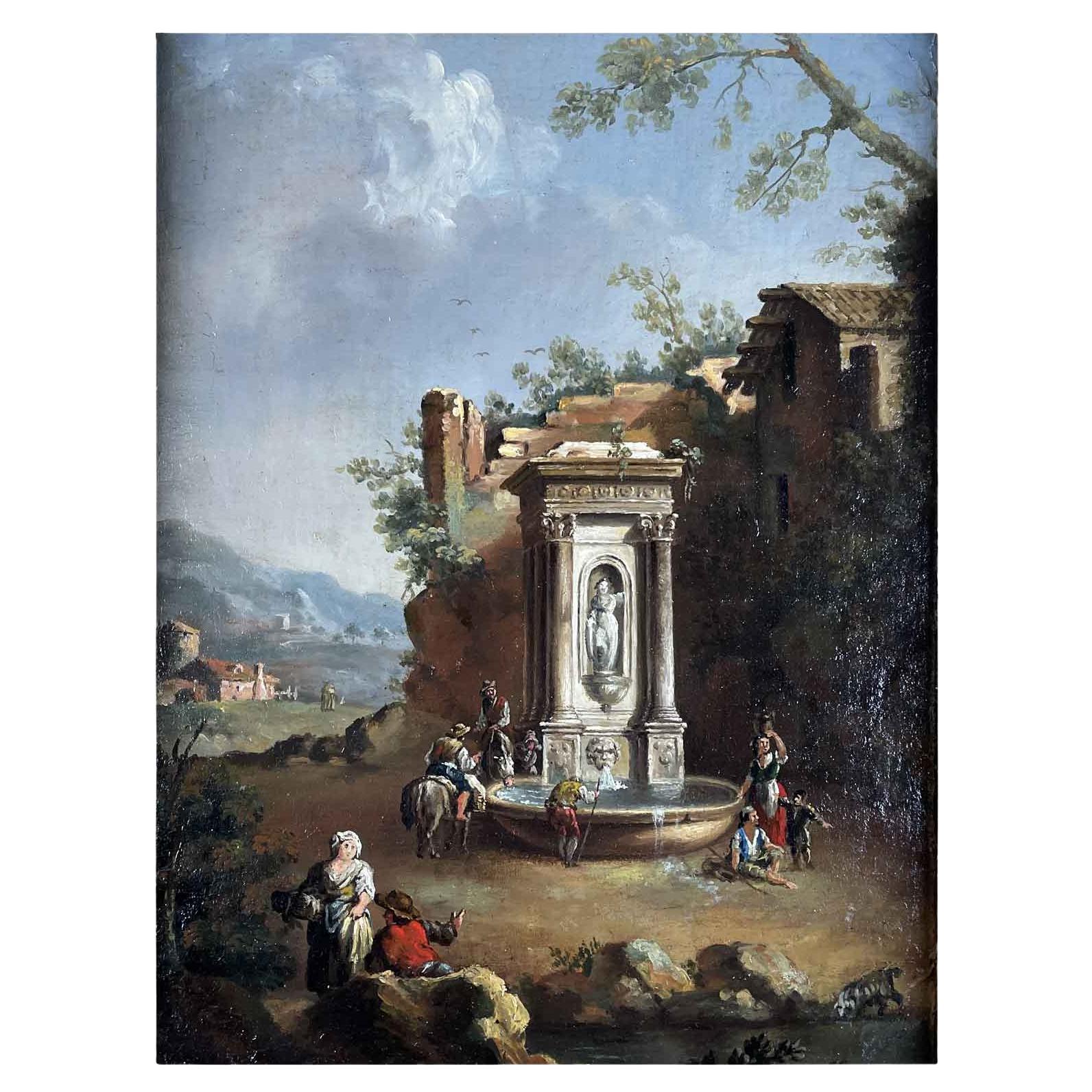 Arcadian Landscape With Fountain By Venetian Rococo Painter Giuseppe Zais 1850s For Sale