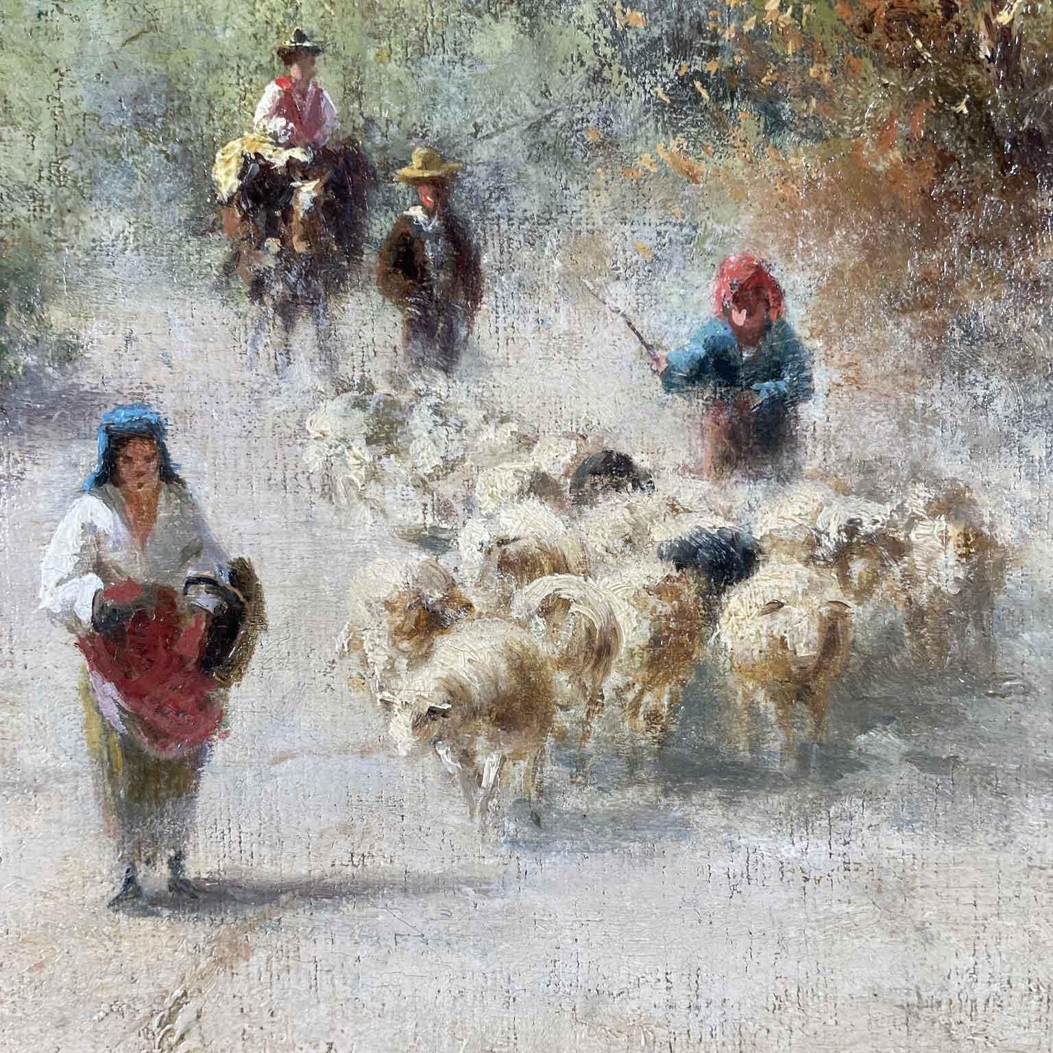 Countryside Landscape with Shepherds and Sheep by Silvio Poma circa 1890 Italian In Good Condition For Sale In Milano, MI