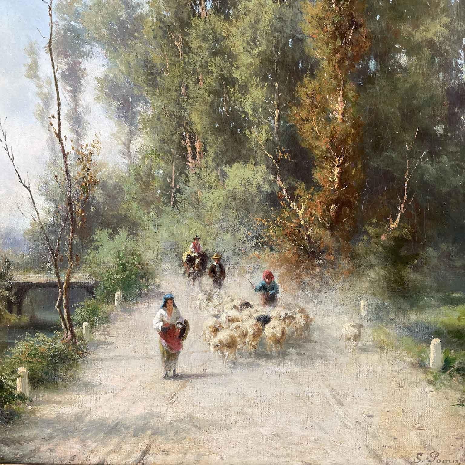 Romantic Countryside Landscape with Shepherds and Sheep by Silvio Poma circa 1890 Italian For Sale