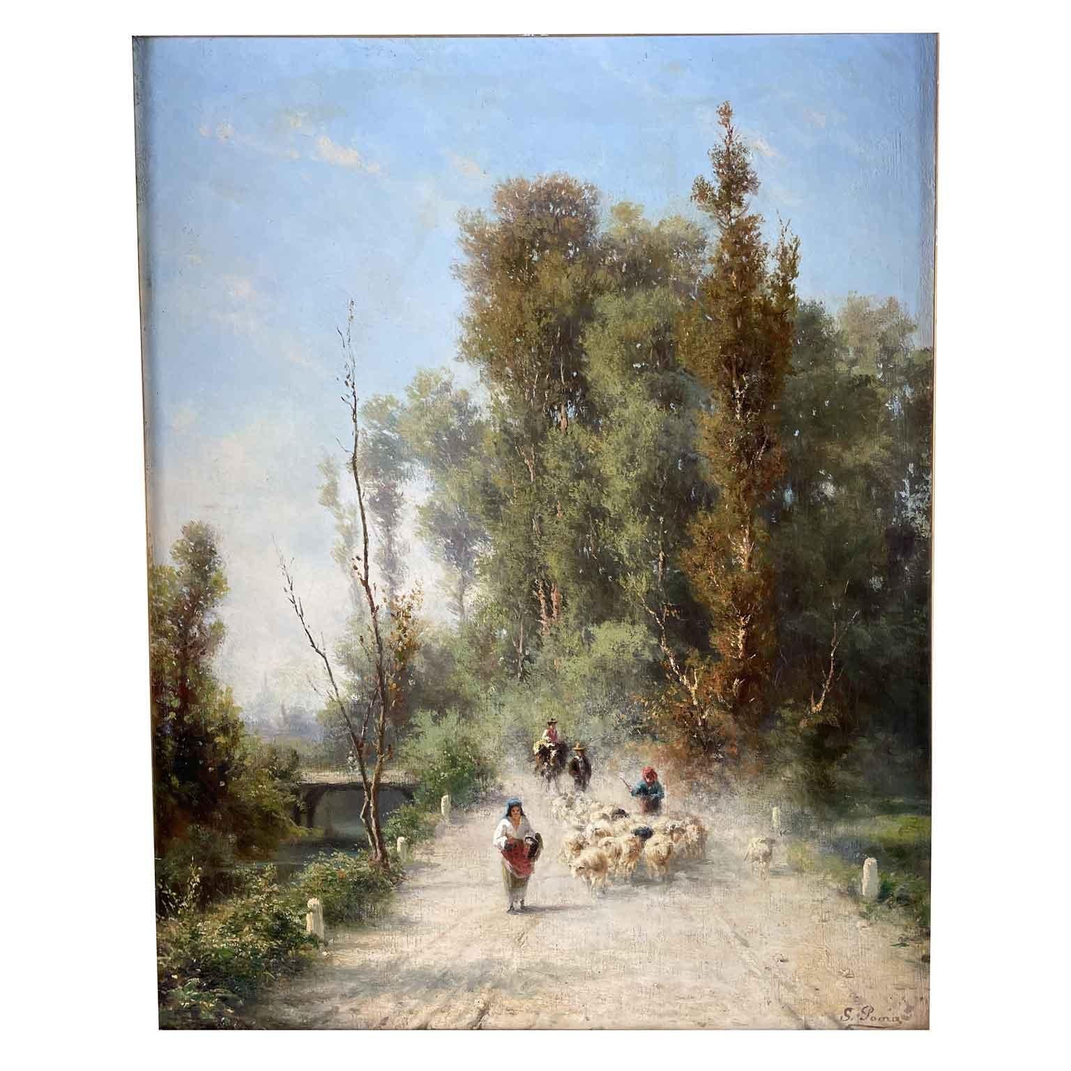 Silvio Poma Landscape With Shepherds oil on canvas painting depicting a dirt road in the middle of a tree-lined countryside with farmers grazing a flock of sheep. On the left side of this rural Lombard landscape we find a stream with a small bridge.