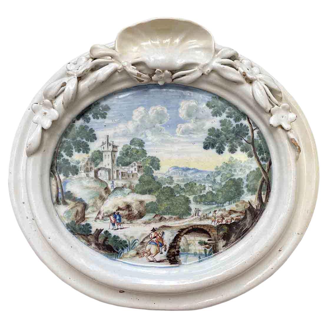 Paesaggio Dipinto su Maiolica Italiana um 1750 Ovale Wandtafel Veneta im Angebot