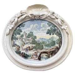 Paesaggio Dipinto Su Maiolica Italiana 1750 Circa Placca Ovale Da Parete Veneta