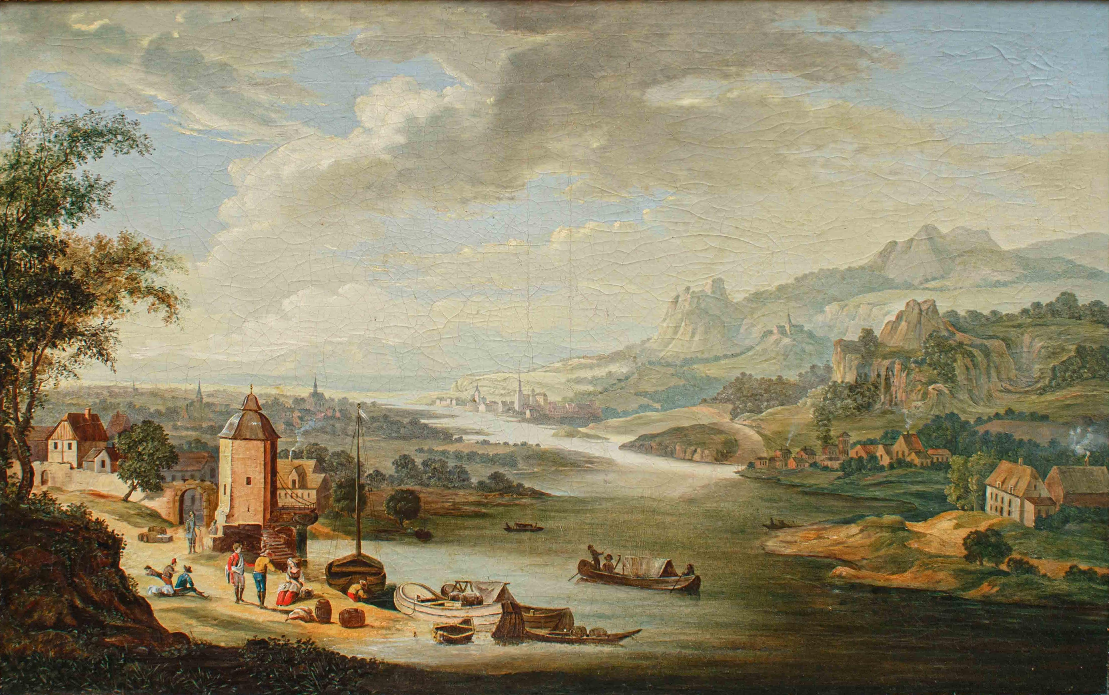 Late 18th - early 19th century
River Landscape
Oil on canvas, 64 x 96 cm - with frame 77 x 10 cm

The canvas in question is an example of Vedutist painting at the turn of the 18th and 19th centuries, attentive as much to the real datum, the