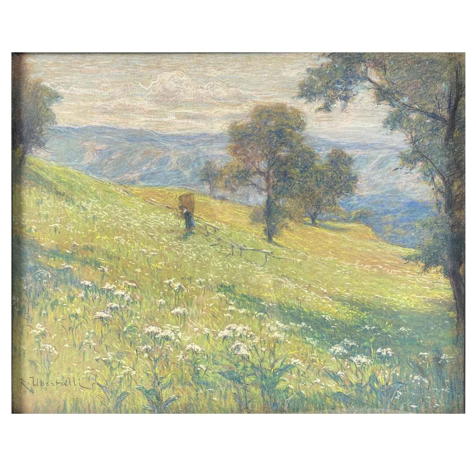 Romolo Ubertalli Landscape With Peasant Woman pastel on paper work by the Biella-born painter (1871-1928), who arrived in Turin and attended  the Accademia Albertina, where he was first a student of Carlo Follini and then of Andrea Tavernier,