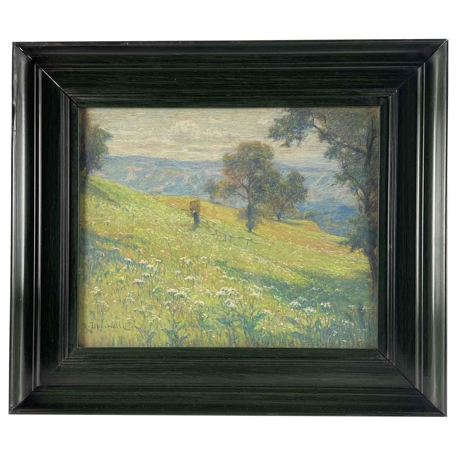 Hand-Crafted Italian Landscape With Peasant Woman Late 1800s Romolo Ubertalli Pastel on Cardboard