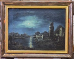 Paesaggio romantico notturno con rovine e riflessi di luna, scuola italiana XIX