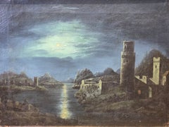 Paesaggio romantico notturno con rovine e riflessi di luna, scuola italiana XIX