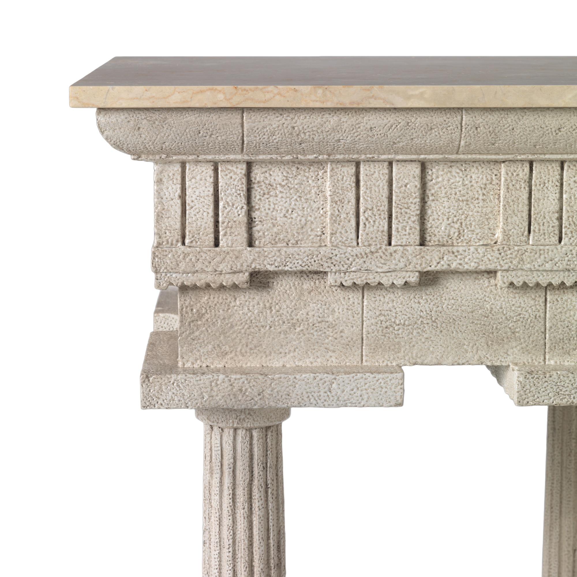 An exceptional Grand Tour design classical pedestal taking its inspiration from the Temple of Paestum. Carved in Mahogany and specialist aged stone painted and with a lightly aged marble top.