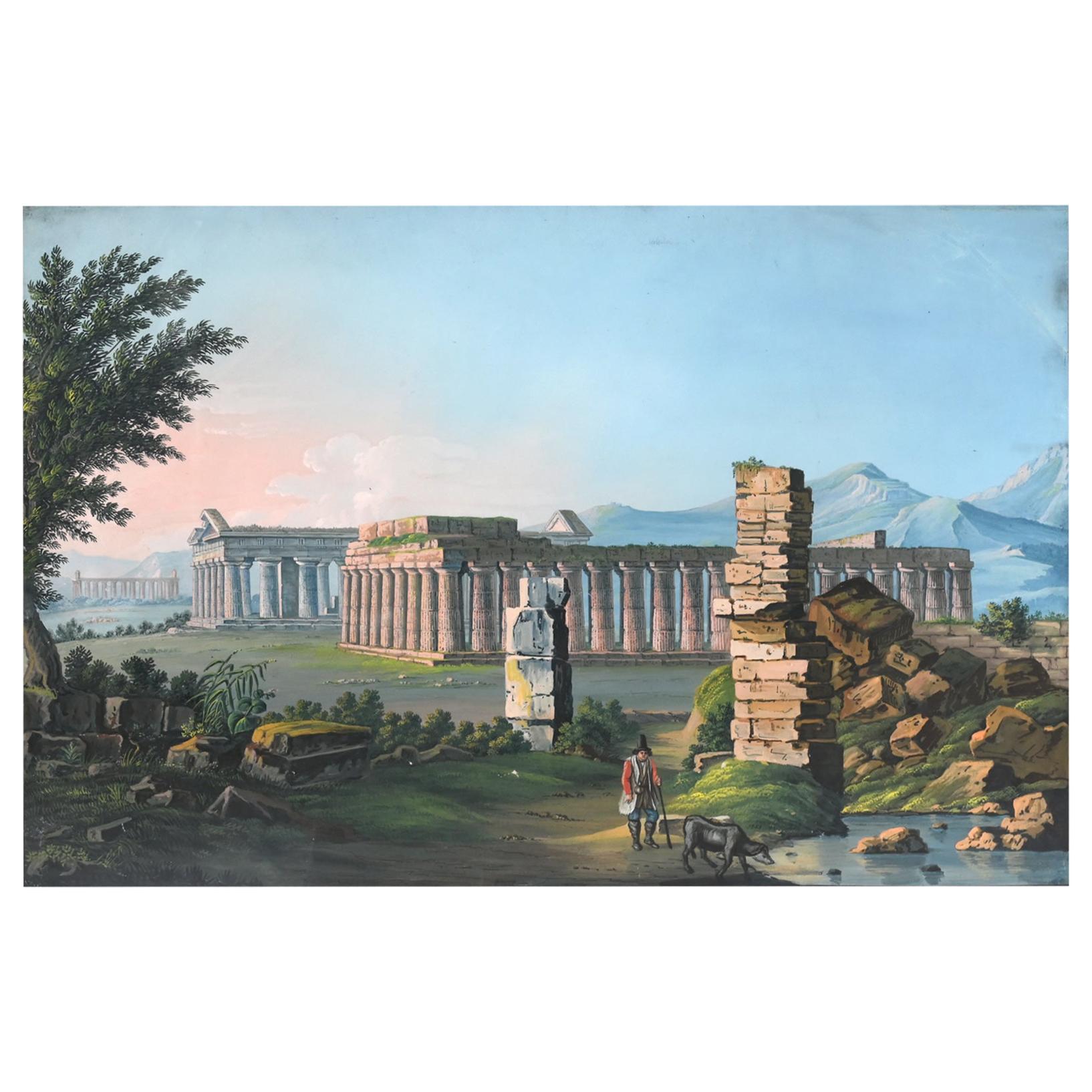 Paestum, Gouache, Early 19th Century, Original Walnut Frame, Grand Tour